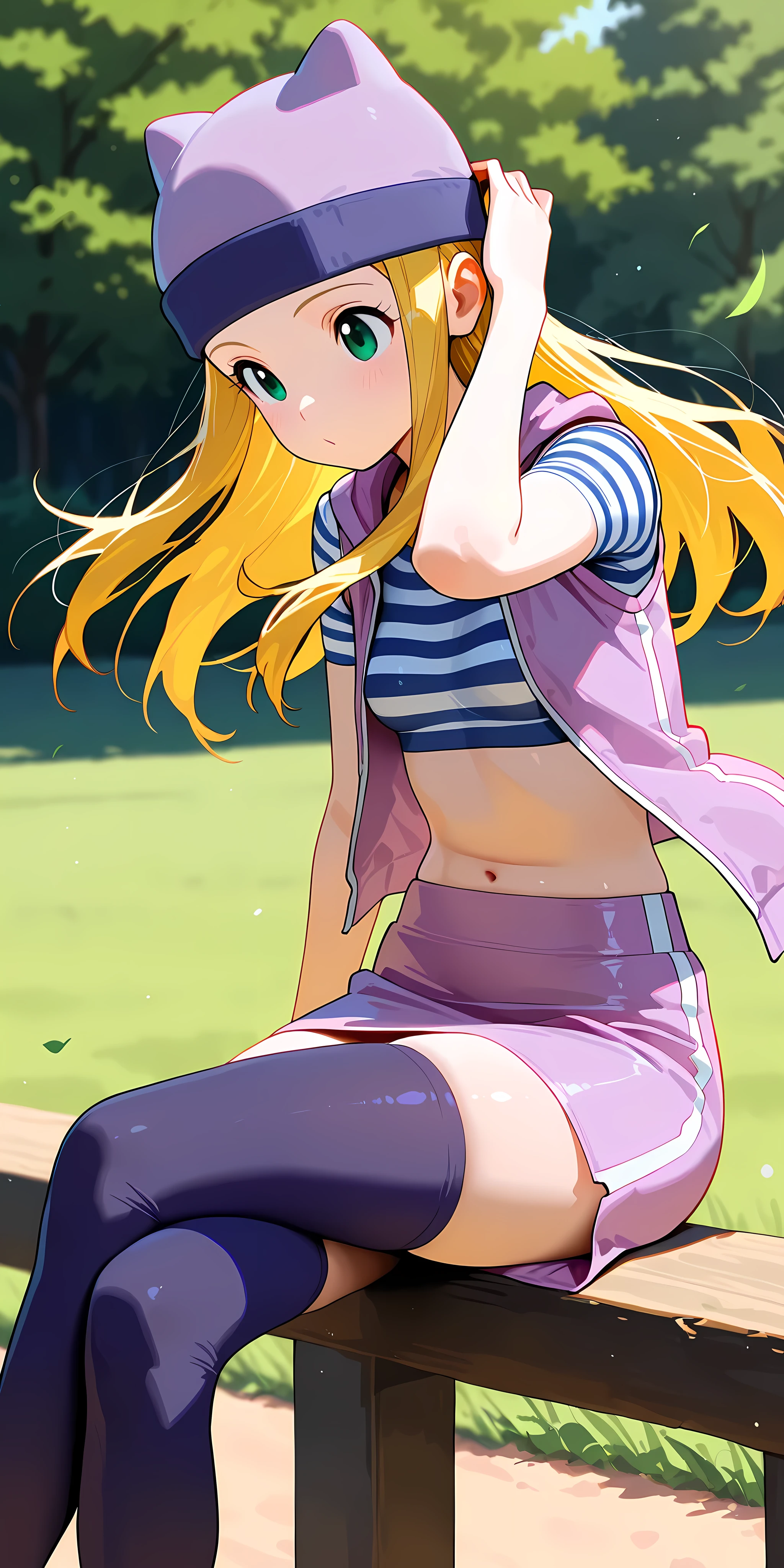 masterpiece, High quality, Ultra detailed, 2d, newest, absurdres, highres, BREAK 1girl, solo, upper body, izumi_orimoto, outdoors, wind blowing very strongly, long hair, blonde hair, hand on the head, green eyes, beanie, purple headwear, small , izumidef, short sleeves, purple vest, striped shirt, crop top, navel, purple skirt, straight skirt, purple thighhighs, sitting on an edge, legs crossed