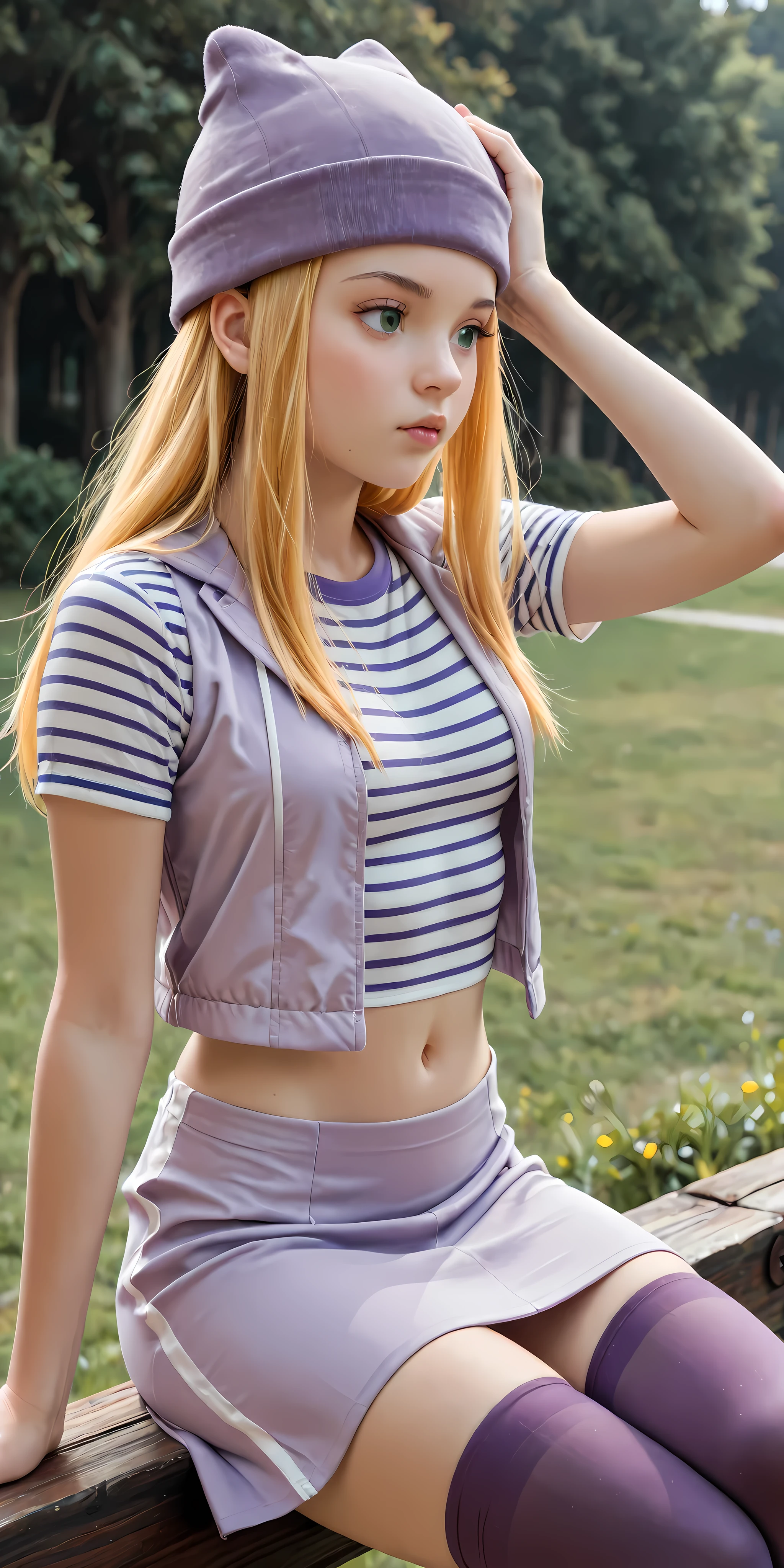 masterpiece, High quality, Ultra detailed, 2d, newest, absurdres, highres, BREAK 1girl, solo, upper body, izumi_orimoto, outdoors, wind blowing very strongly, long hair, blonde hair, hand on the head, green eyes, beanie, purple headwear, izumidef, short sleeves, purple vest, striped shirt, crop top, navel, purple skirt, straight skirt, purple thighhighs, sitting on an edge, legs crossed
