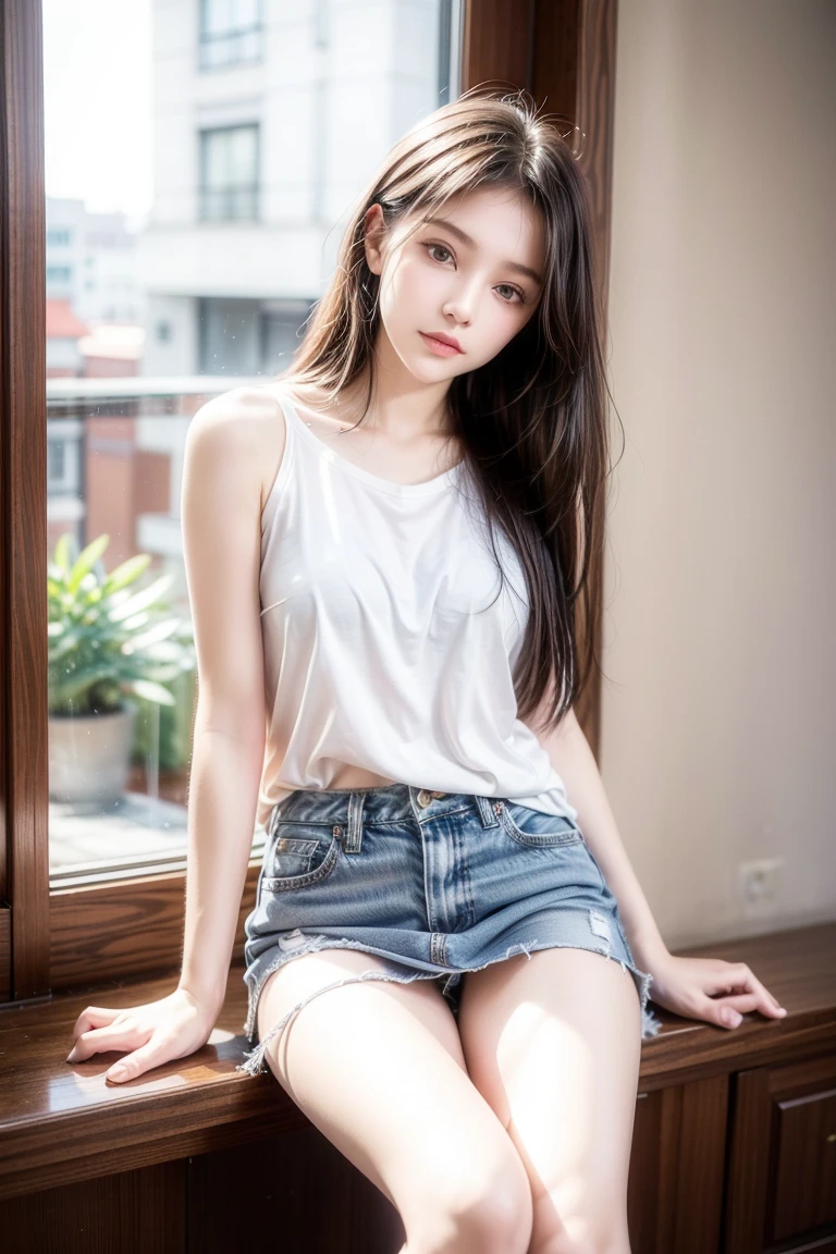 1girl,solo,(masterpiece:1.2),(best quality:1.2),realistic,highly detailed,4K,solo,black eyes,earrings,indoors,black hair,long hair,looking at viewer,shirt,denim shorts,indoors,high heels,val,white clothes,sitting,crossed arms,crossed legs,