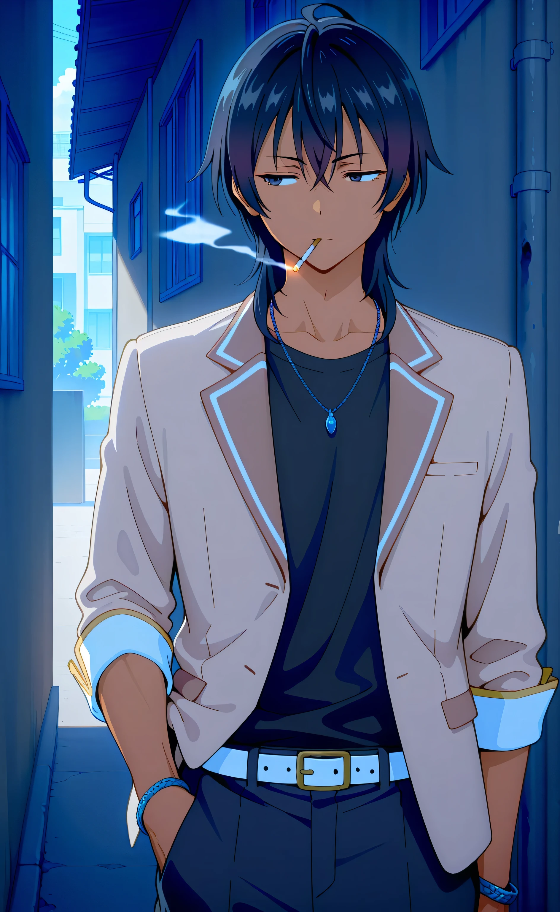 1male, solo, black hair, medium hair, comma hair,  black eyes, tan skin, lazyface, beige blazer, black t-shirts, black pants, white belt, wrist chain, necklace, hand in pocket, thug, smoking, 1cigarettes, muscle, school, alley, Tokidoki Bosotto Russia go De Dereru Tonari No Alya san Anime style