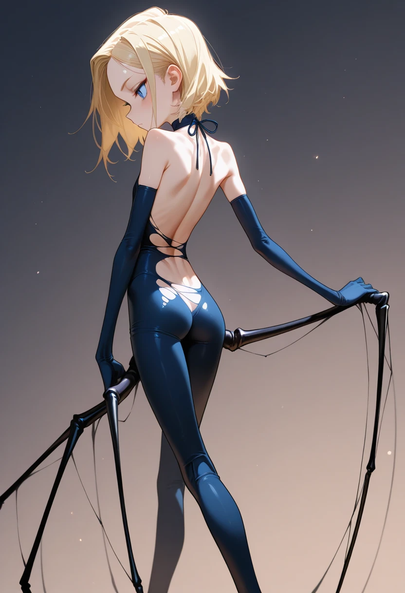 (Masterpiece), (Best Quality), (highly detailed), (dynamic action scene), (Persona 5 artstyle), A modest, woman in her 20s, athletic physique, short blonde hair, blunt bangs, fringe bangs, braided pigtails, glowing green eyes, domino mask, from back, chest , black , supersuit around waist, fingerless gloves, (underground facility, enormous mech in background), focused and determined expression, looking up, towards sunlight, preparing for action, 