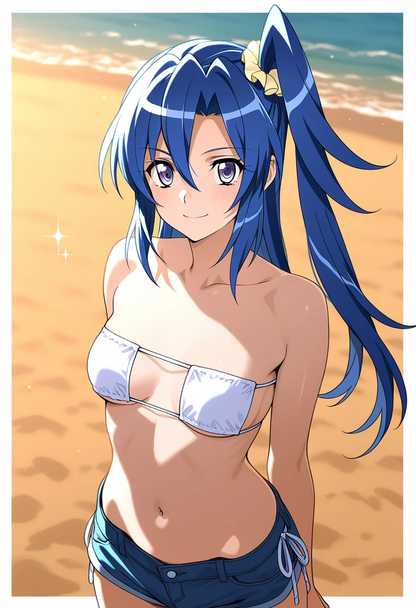 (masterpiece, best quality,), Roxy, 1girl, solo, light smile, light blush, twin braids, long hair, blue hair, ahoge, blue eyes, (((??????))), (((white ??????))), small ???????, upper body, standing, looking at the viewer, sea
