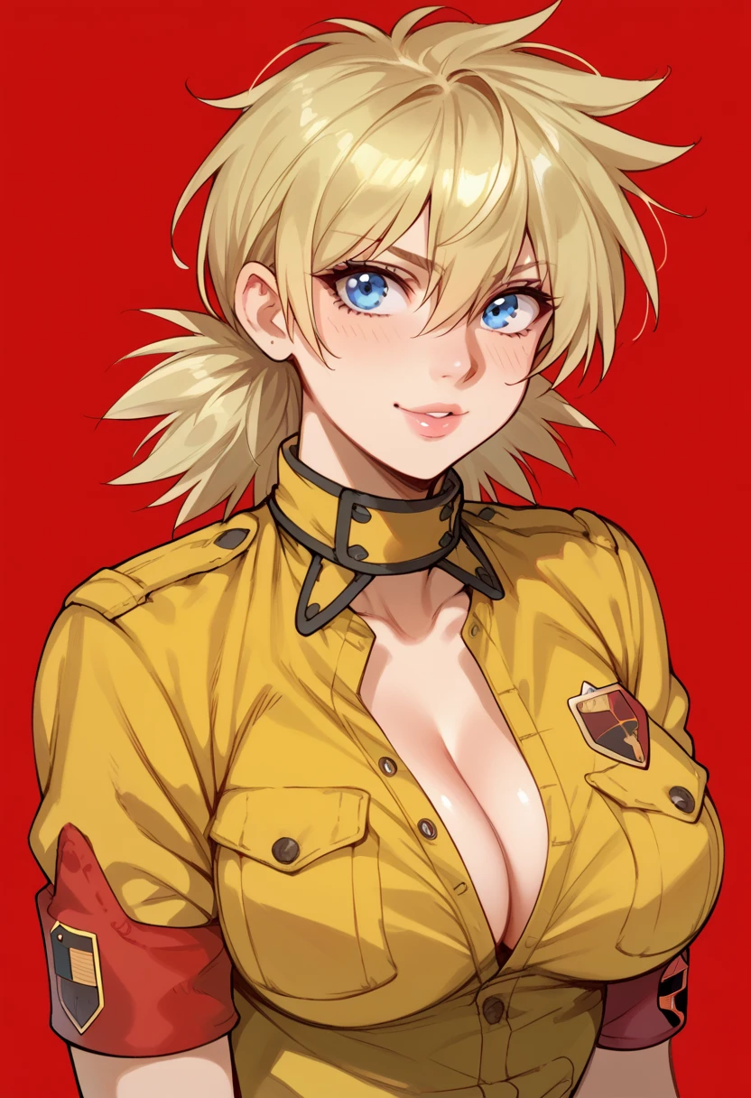 Score_9, score_8_up, score_7_up, source_anime, rating:safe, sfw, safe for work, 1girl, solo, large breasts, jacket, blonde, blue eyes, hellsing, mature, mature female, clothed, lying against fence, leaning on fence, frown, ikuchan, , , cowboy hat, red , fur trimmed , outdoors, lace gloves, shorts, thighs, knotted , cowgirl, fence, looking at viewer, front view 