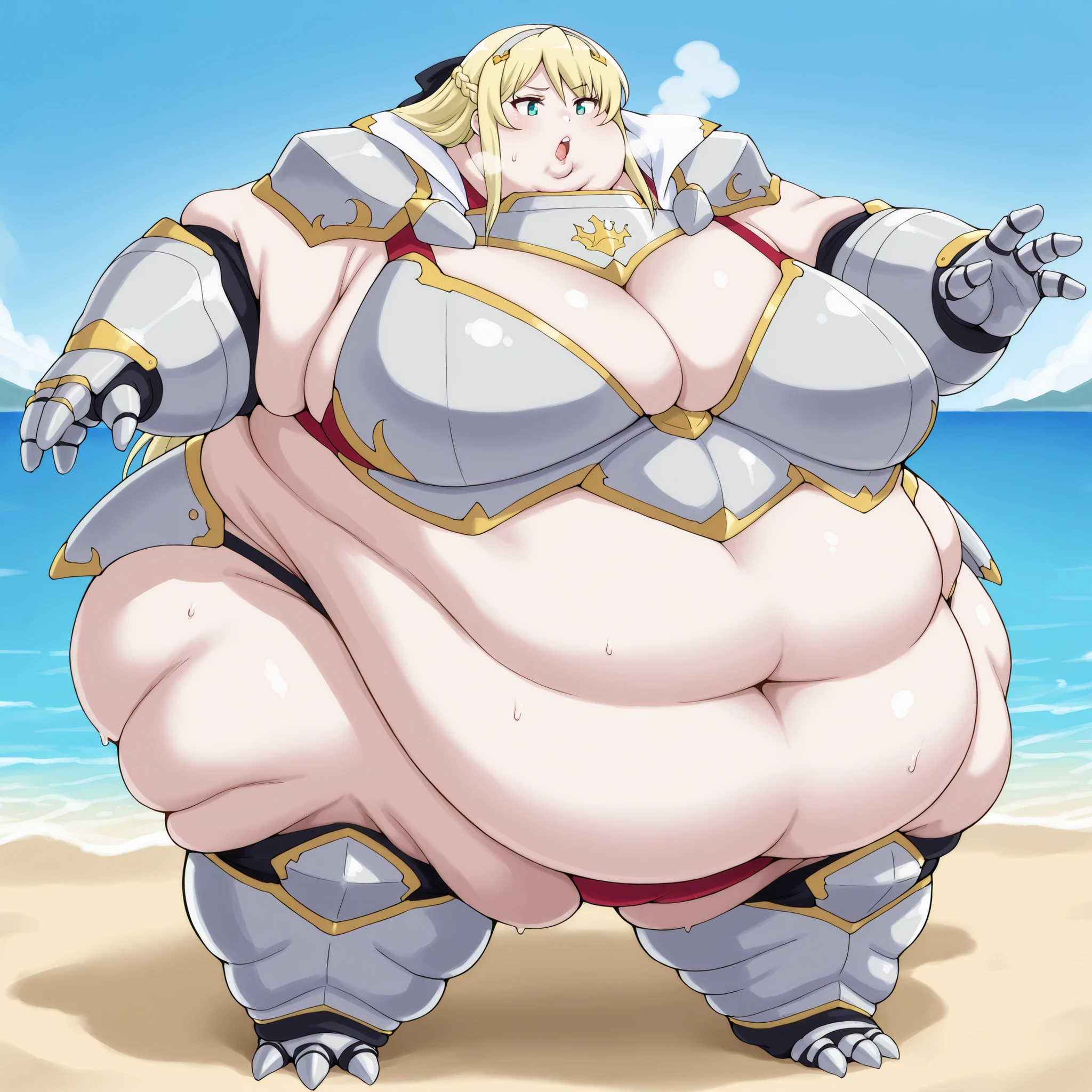 hildegardminaslestia, bikini armor, beach, blonde hair
addmicrodetails,, breasts, fat, chubby, obese, fat neck, multiple chins, big breasts open mouth, out of breath, Larger female, full body shot, only head, large head, oversized limbs, large hands, large feet, oversized feet, oversized fingers, big lips, plump lips, fat face, fupa, big fupa, fat fupa,