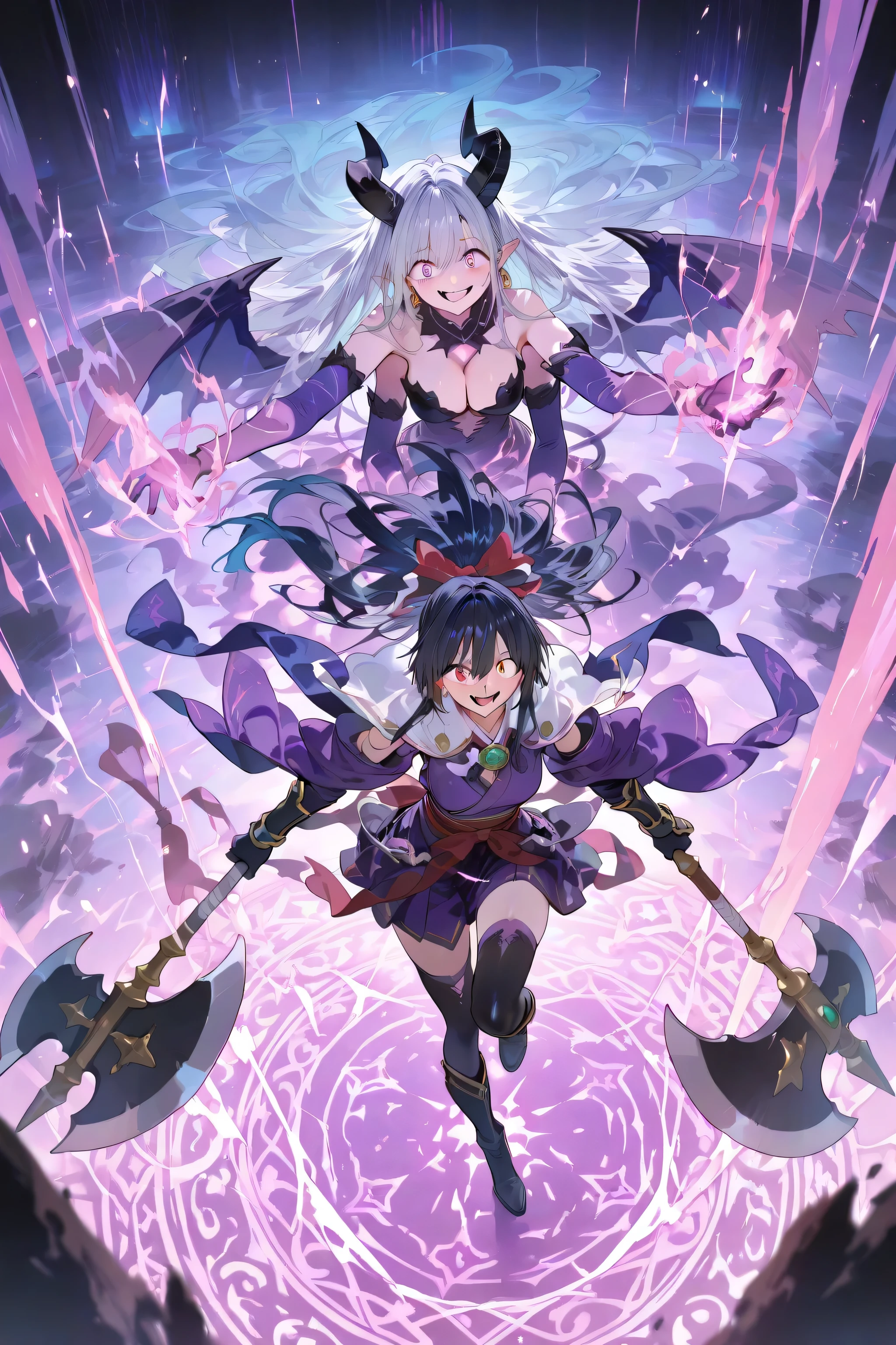 Summon Altar Magic,Demon Musume 1,multi-arm,Magic Rim,crazy smile,Battle Axe,high angle