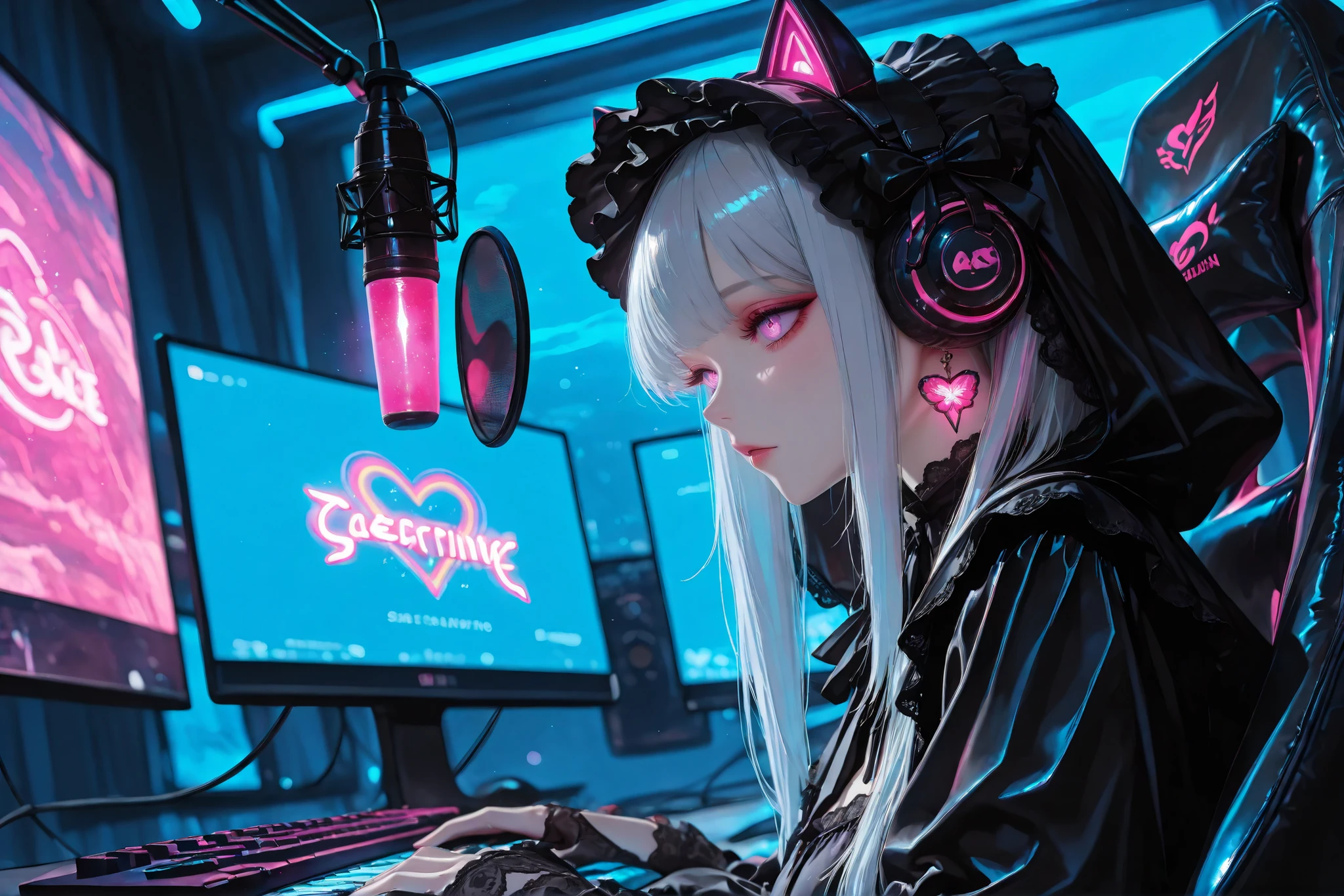 (masterpiece, best quality, ultra-detailed), (photorealistic:1.2), (high detail:1.1), (glowing effects:1.0),
1girl, solo, (beautiful anime girl:1.3), (long silver hair:1.2), delicate facial features, (pale skin:1.1), (pinkish-purple eyes:1.1),
wearing a (black gothic-lolita dress:1.2) with ruffles, lace, and a (hood over her head:1.1) decorated with butterfly motifs, ribbons, small ornaments, black fingerless gloves, (heart-shaped black and pink earrings:1.0),

Scene / Camera / Setup: sitting in a (black and pink gaming chair:1.1), low-angle, wide long shot, side view, cinematic framelike composition,
typing on a (rainbow backlit keyboard:1.1), a (large studio microphone with pop filter:1.1) in the foreground, (gaming mouse:1.0),
cyberpunk-inspired online streaming room, neon-lit desk setup, cat-ear headphones placed nearby, visible wires and desk accessories,

Background: (multiple monitors displaying anime art:1.2), pink-blue neon reflections across screen edges,
(glowing neon signs:1.1) reading “YOUTHBRUSH” and “SEAART”,
(glowing pink and blue lights:1.2) casting dramatic rimlight on her hair and outfit,

Mood / Style: Vibrant contrasting neon colors, deep shadows, glossy surfaces, immersive gamer-room atmosphere, intricate details, (dynamic pose:1.1), soft shallow depth of field, sharp focus on the girl, smooth bokeh around equipment, aspect ratio 2:3, high-resolution anime-cyber aesthetic