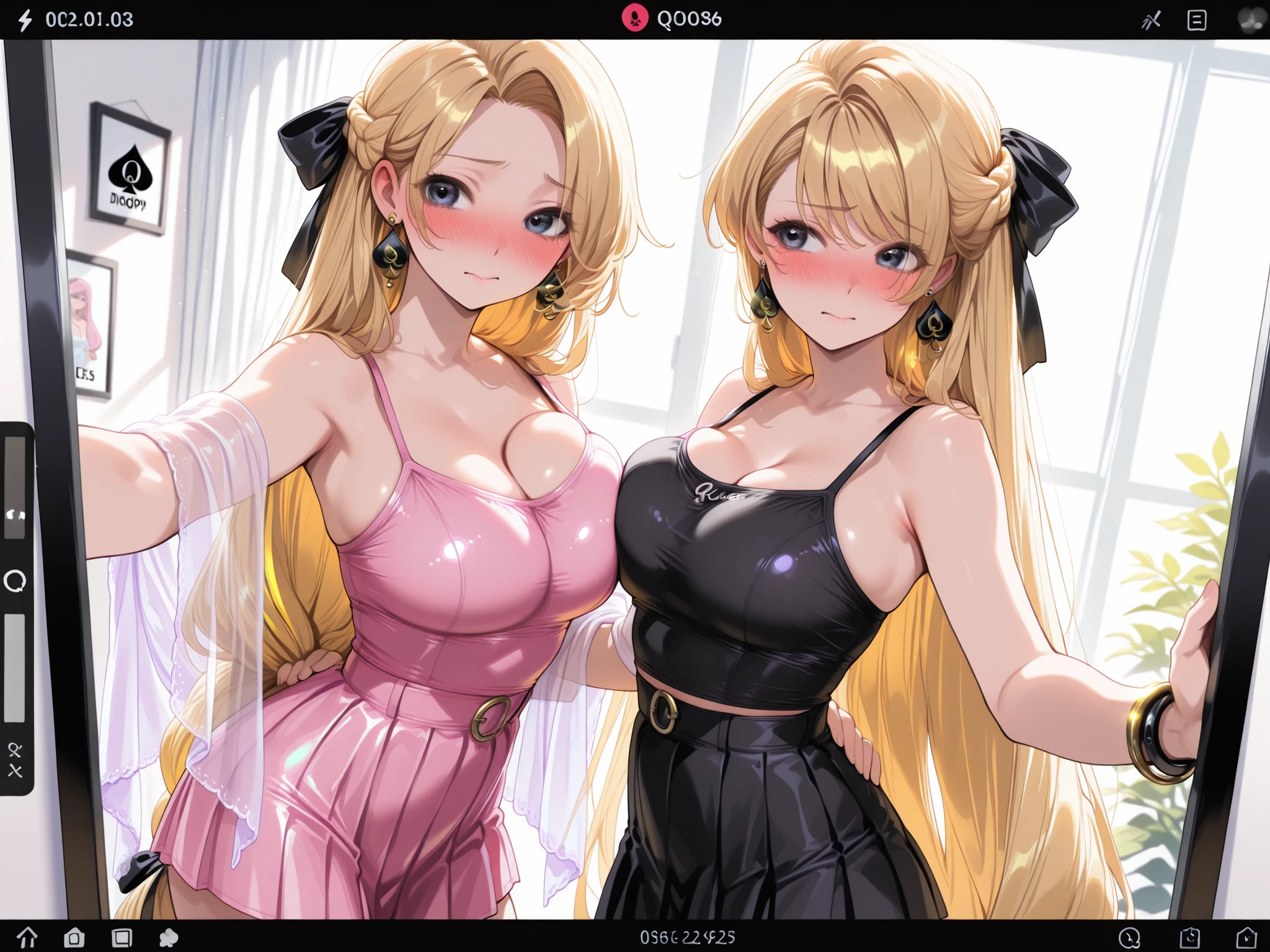 best quality, (masterpiece),(ultra-detailed), (high quality), (high resolution), (3heads:1.5) blonde hair, glowing blue eyes, three headed woman (three ), cleavage, full body,best quality:1.5, highres, UHD, 4K),, ((purple crop t shirt)), ((wearing blue jeans )), black shoes  proportions,, thighs, Beautiful girl with accentuated slender abs,  expression 