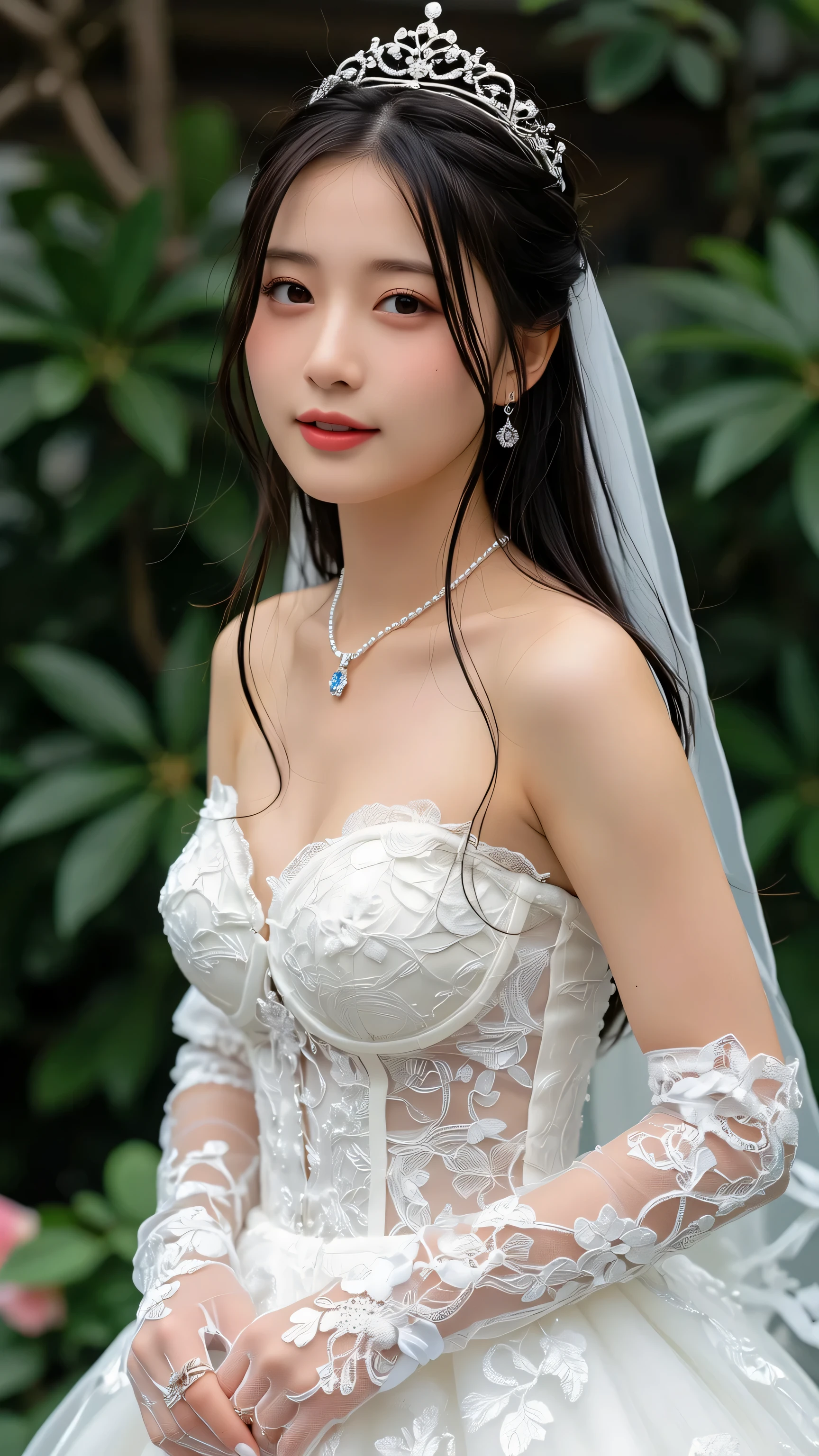 Beautiful 22 year old young lady perfect height ratio wearing white wedding dress tight -the-shoulder waist ribbon --auto --s2