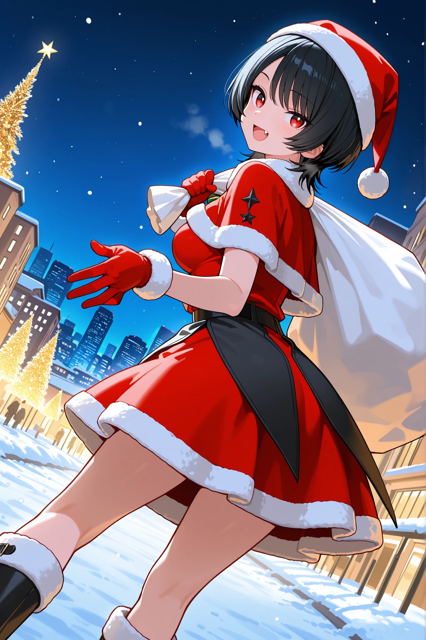 1girl, solo, character focus, close to viewer, from behind, dutch angle, dynamic angle, Christmas, city below, night time, winter, snow day, outdoor, holding Santa's white gift sack, Santa's white gift sack full of presents and toys, santa dress, santa cap, santa gloves, santa capelet, santa skirt, overskirt, black santa boots, open mouth, black hair, red eyes, short hair, wolf cut, swept bangs, ends curling outward, soft, voluminous, slightly messy, medium breasts, fang, bright eyes, energetic expression, soft lighting, high detail, anime style, {animated painting}, {{{{{five hand fingers}}}}}, {{{{{4fingers and 1thumbs}}}}}, {{{high resolution}}}, {{{best quality}}}, {{ultra-detailed}}, {illustration}, {{an extremely delicate and beautiful}},