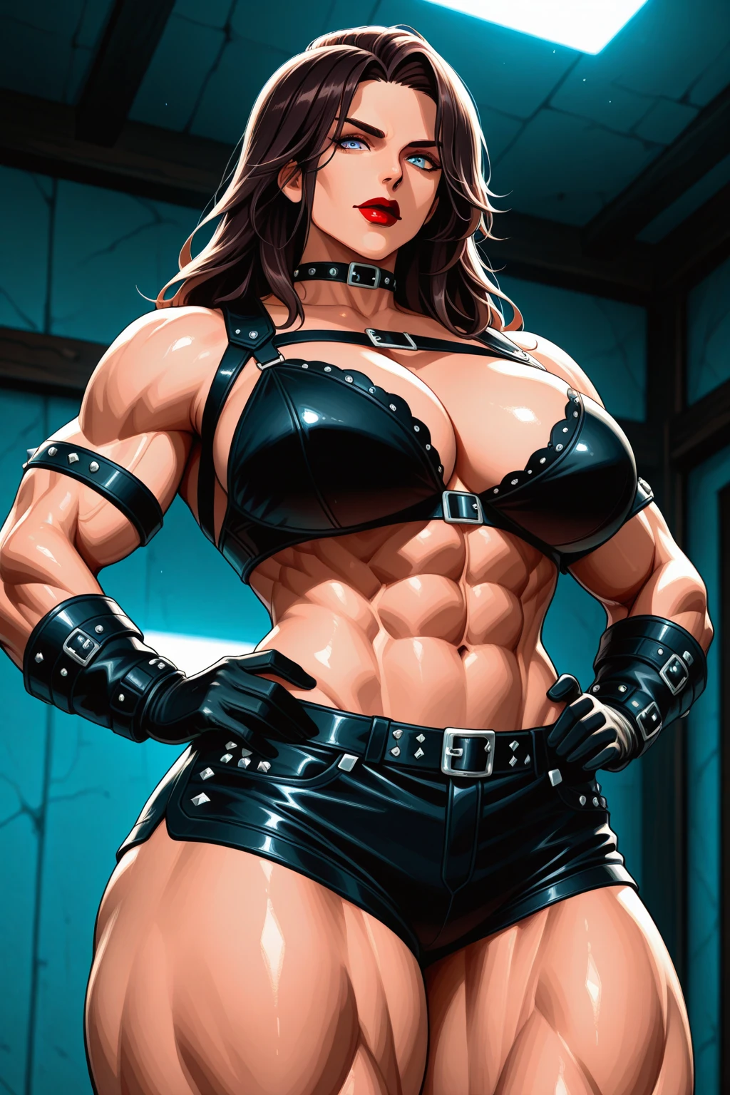 ((highly detailed)), Final fight, ((Poison)) from street fighter,(big breast:1.5),dynamic poses, ((muscular man standing behind poison)), pink hair, wide chest,big chest, ((white tank top)), denim shorts, police cap, super perfect body curve,S-shaped body,waifu (18 years old)-hot daddy-frivolity-body language, fit figure, bad laughing,gorgeous perfect face, realistic style and super detailed renderings, superrealism,kawaii, zbrush, super-realistic oil, contour shadow-process