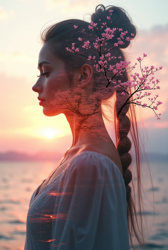 high quality, 8K Ultra HD, A beautiful double exposure that combines an goddess silhouette with sunset coast, sunset coast should serve as the underlying backdrop, with its details incorporated into the goddess , crisp lines, The background is monochrome, sharp focus, double exposure, by yukisakura, awesome full color,