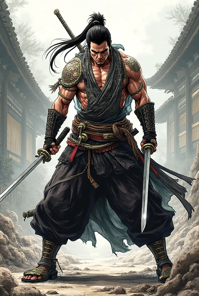 (((mtu))), (((best qualityer))), (((tmasterpiece))), (((AS-Adult))), ((( Japanese ))), Look up from your knees, Handsome Asian samurai，perfect body figure, Modern samurai, ((( Asian))), Wear gloves on your hands，The left arm is made of steel and metal tips，Made of protective devices, The eyes are pulled, (( Appears below the chest )), (( Small dental floss )), Simon Bisley, （Simon Bisley）Castle City Wilderness，For high-resolution posters, hair straight, Minimum clothing, armure (Crazy clothes ), Full of tips and rivets, tribal tattoos, (((full bodyesbian))), Straight brunette hair，Colored hair ends