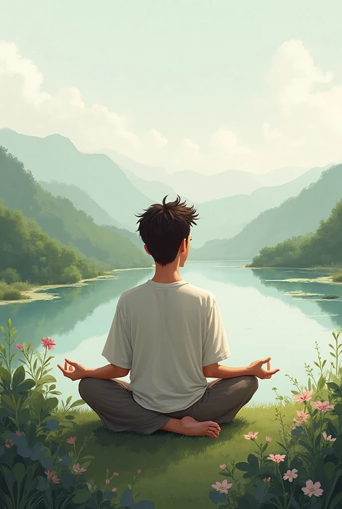 Art of meditation, with distant person meditating in a calm setting and with nature
