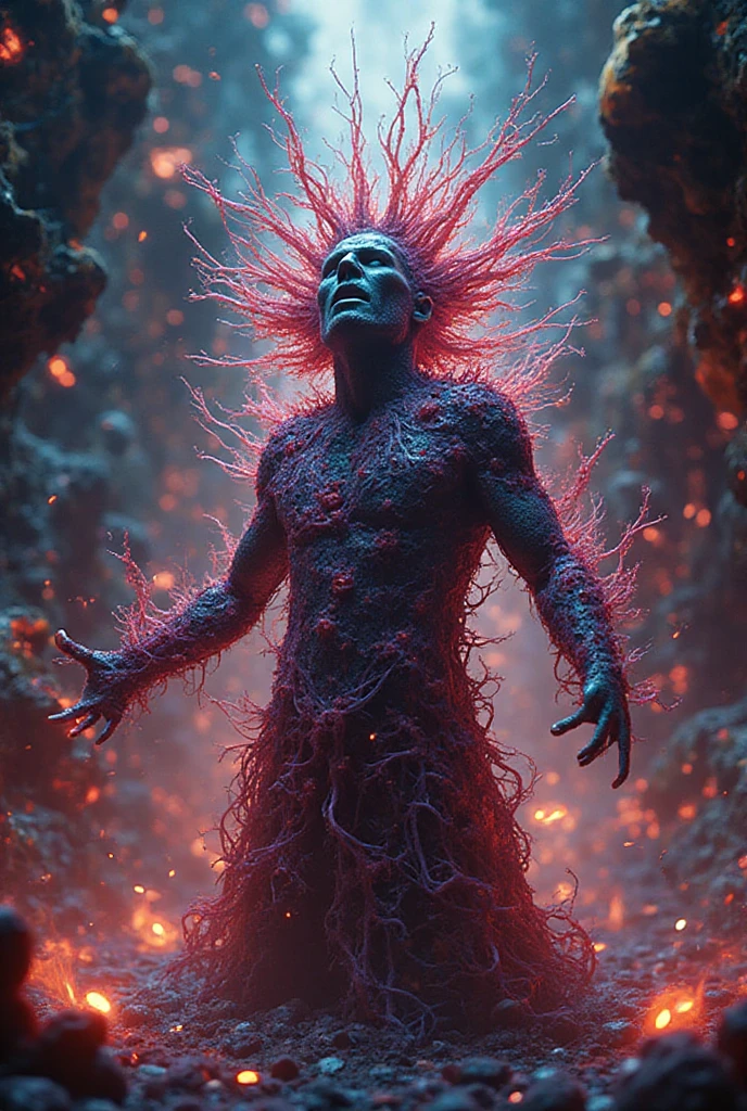 zavy-dmnc, Close-up of a ghostly demoness mage, her skin nearly invisible, only outlined by the glowing red and purple energy that pulses within her form. Her skeletal features are barely discernible beneath the glow, and her glowing eyes burn like embers in the sockets. Her elongated fingers twist and crackle with spectral lightning, and a crown of floating, fiery symbols hovers above her head. She stands in a void, with strands of dark energy swirling around her like a living cloak, her form shifting and flickering with chaotic energy