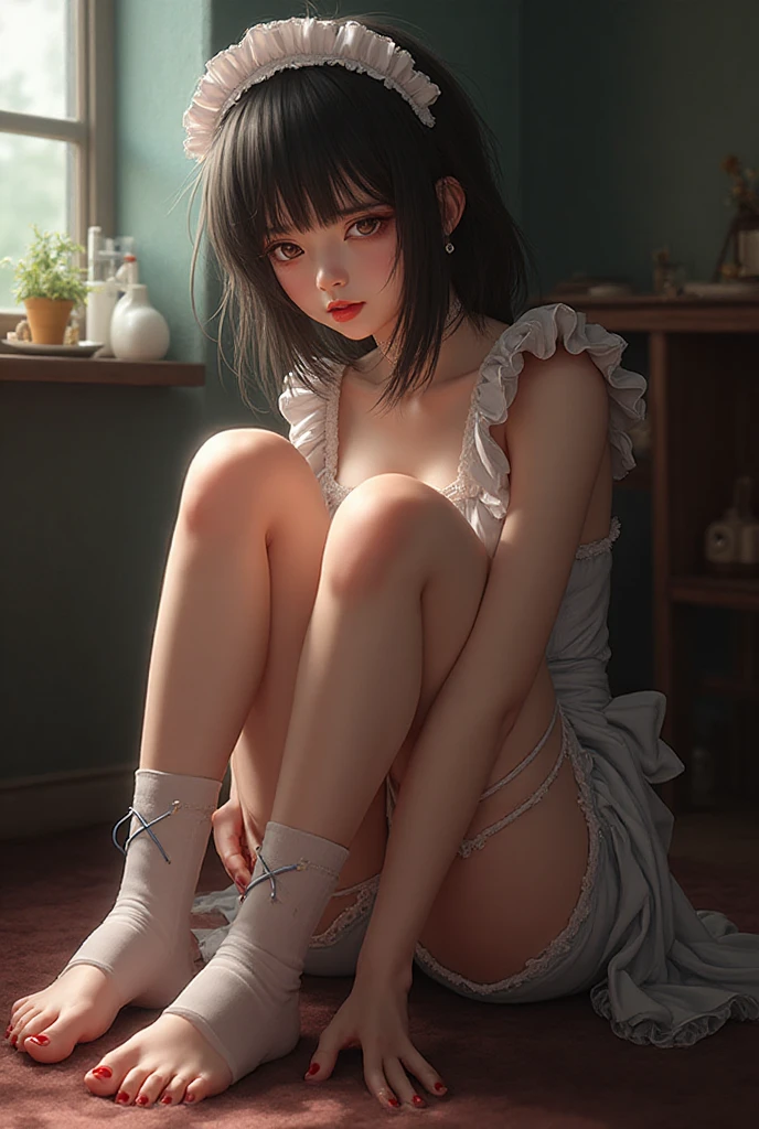 ((8K)), ((Raw photo)), ((best qualtiy)), High-definition raw color photos, professional photograpy, (Realistic:1.37), (photographrealistic:1.37), ((best qualtiy)), 25 year old woman, (finerly detailed face:1.2), (best qualtiy:1.2), Cinematic lighting, light brown hair, two side up, (Mole:1.0), (Smile:1.1), embarrassed but happy, Loose and wrinkled white panties, ((Panties with crotch)), Panties with seams, bow thigh, (Detailed Maid:1.2), Closed legs