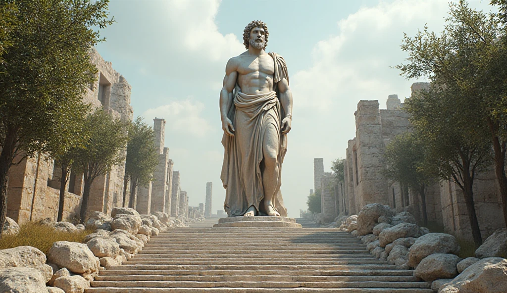 "A dark landscape image of an ancient greek society deeply connected to stoicism, black and white, ancient greek architecture, include one single big statue of a stereotypical strong greek man, marcus aurelius --ar 16:9 --style G4JuqKlERum6vZGYhO9USsL"

