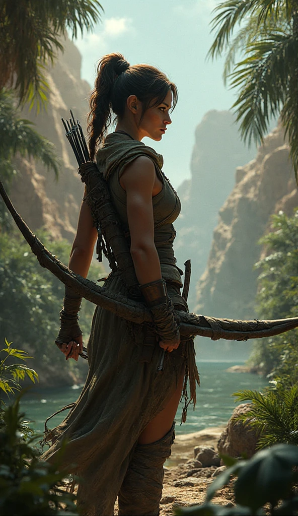 stunningly gorgeous alicia vikander as lara croft, torn clothes, volumetric light, steaming body, particles, jungle, realistic