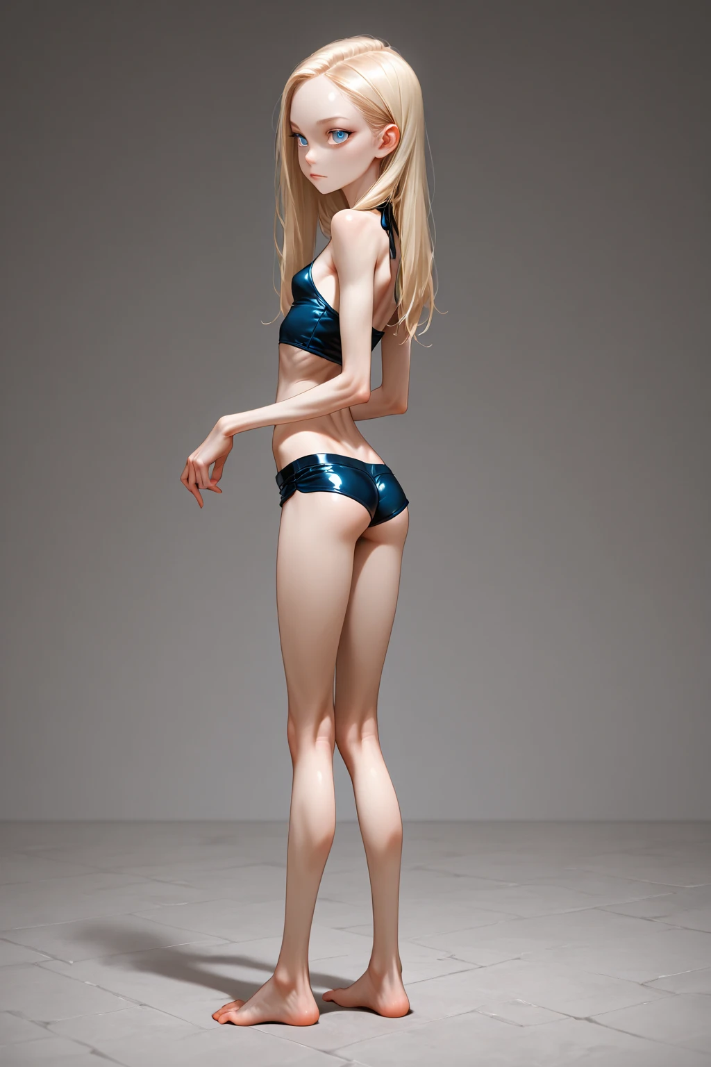 Abandoned dumps，Sexy standing pose，Full body portrait 1.1，Random white transparent small bikini，Slender and slender figure，Skinny，As thin as a  post，Smaller bust，The barefoot，((Random  throughout the body1.1))，exhibitionists，(((Random exposure of 1.2)))，face to the viewer