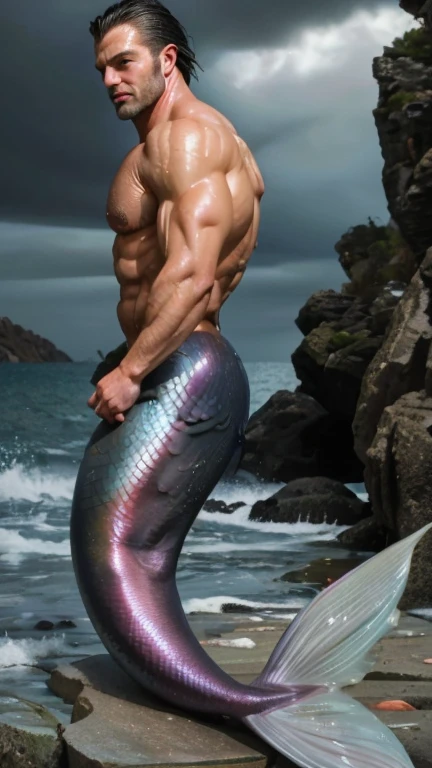 man god of the sea, he is a hybrid, his skin is that of a marine iguana, the color is gray, despite his skin being like this he is beautiful, he is bald, he has no facial hair, his age is 28 years old, his skin It's a marine iguana from head to toe, he's in a marine cave, on the edge of the beach where it meets the sea, the man is thin, defined, he doesn't wear clothes, , man god of the sea, hybrid man marine iguana , full body