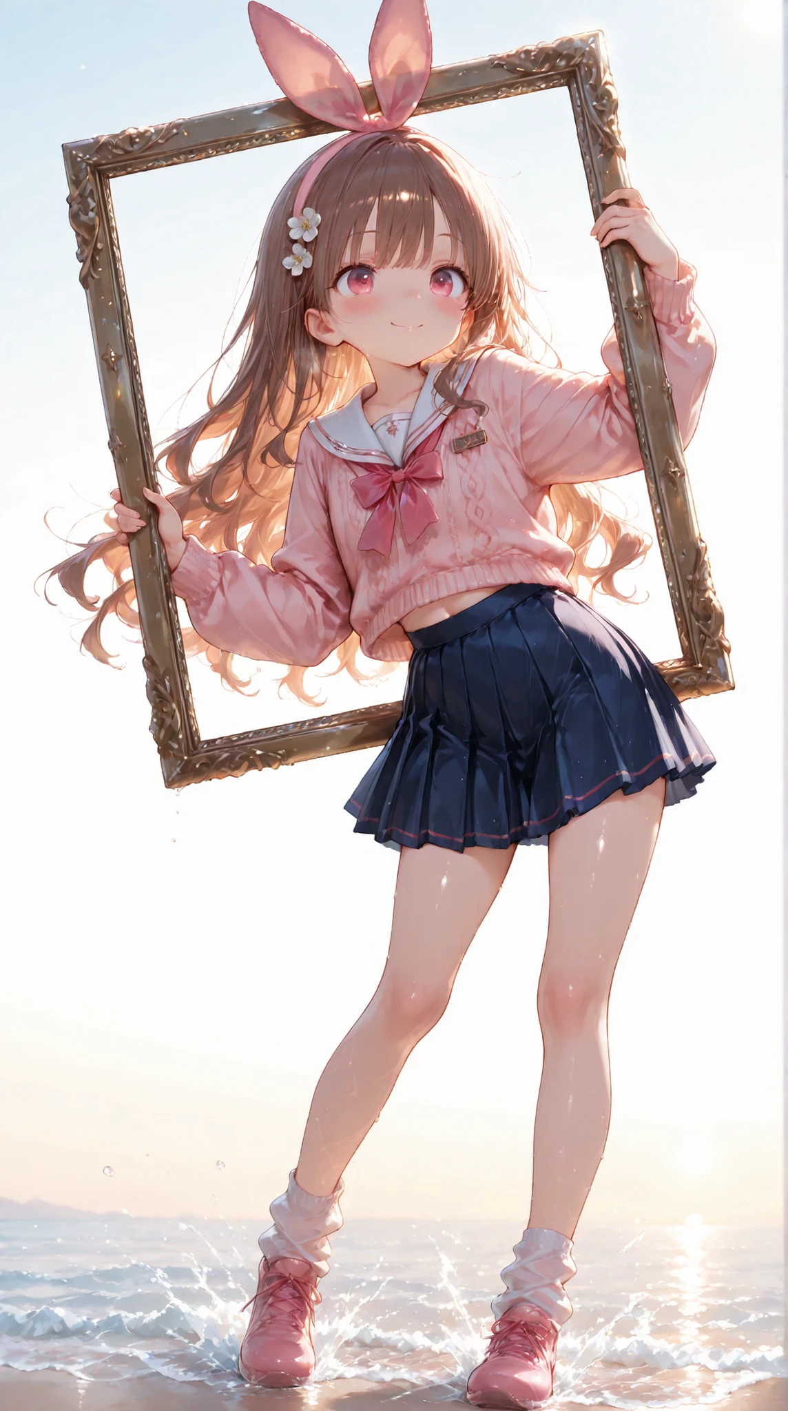 Shiny skin, Babe, character, meroko.
masterpiece, best quality, ultra detailed, high resolution, 8k, caustics, super detailed skin, perfect anatomy, dynamic lighting, elaborate eye depiction, beautiful detailed eyes, a cute anime girl,full body.
very flat chest, skinny body, slim waist, long legs, delicate proportions, graceful posture,
chestnut brown long wavy hair, hair reaching the shoulder blades, naturally falling both in front and behind shoulders, soft loose waves, light winter luster,
pink eyes, extra large eyes, clear luminous irises,
(pink bunny ear headband:1.2), single white flower hair accessory on the right side,
large ornate picture frame held in both hands, (holding picture frame in front of her body:1.4), (frame held vertically around her torso:1.4), gold baroque frame, intricate carvings, empty frame without painting, frame edges clearly visible,
white long-sleeved sailor uniform with pink piping, thicker winter fabric with soft wool blend texture, navy cardigan worn under the sailor collar with subtle knit texture, navy pleated skirt slightly longer for winter style, white muffler scarf loosely wrapped around the neck, white socks,
standing, slight contrapposto, relaxed shoulders, both hands gripping the lower edge of the frame, natural cute pose,
joyful smile, cheerful winter vibe, bright lively gaze, subtle blush from cold air,
white background, plain background.
fine line art, delicate line drawing, thin outlines, clean outlines, minimal noise
