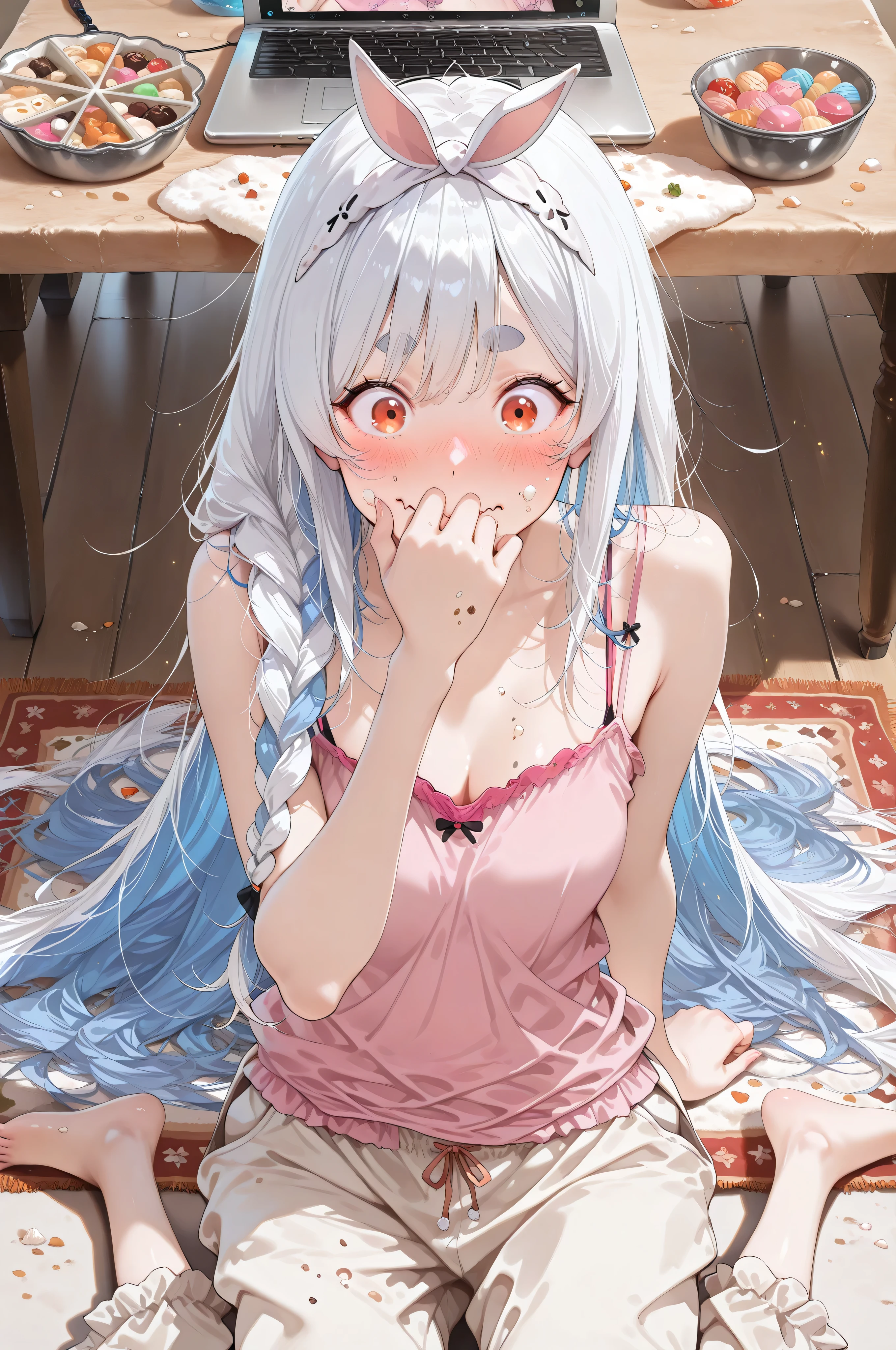 ((Masterpiece), (Highest Quality), (High Score), (High Resolution),(4k),),

((indoors),1girl,,solo,),

(,(fake laptop pc screenshot),(Scene of chatting on a laptop),(Laptop on the table),,,BREAK,,(pov),(famale,orange eyes, thick eyebrows,  two-tone hair, blue hair, white hair, long hair,single braids,(loose hair),(pink camisole),(pajama pants/short pant)),,,(Her hand holding a headband/bunny headband),,BREAK,(Anatomically accurate structure:1.4),),

(((Food crumbs on the cheeks),(Sweets on the carpet),,BREAK,(anime screencap),(beautiful hair,Extremely delicate hair rendering,hairdetailer:1.5),(beautiful detailed face:1.4),(detailed eyes:1.4),[(Frontlight:1.2)],))

((),( (barefoot),),((flustered),wide-eyed,blush,),BREAK,sitting on the carpet,(wariza:1)(hand over own mouth:1),[looking away:],[cowboy shot:],[from below and to the side:0.7],[three-quarter view:1.5],(She is panicking),),
