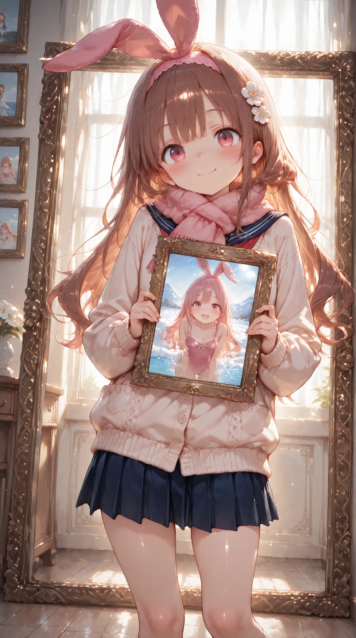 Shiny skin, Babe, character, meroko.
masterpiece, best quality, ultra detailed, high resolution, 8k, caustics, super detailed skin, perfect anatomy, dynamic lighting, elaborate eye depiction, beautiful detailed eyes, a cute anime girl,
very flat chest, skinny body, slim waist, long legs, delicate proportions, graceful posture,
chestnut brown long wavy hair, hair reaching the shoulder blades, naturally falling both in front and behind shoulders, soft loose waves, light winter luster,
pink eyes, extra large eyes, clear luminous irises,
(pink bunny ear headband:1.2), single white flower hair accessory on the right side,
large ornate picture frame held in both hands, (holding picture frame in front of her body:1.4), (frame held vertically around her torso:1.4), gold baroque frame, intricate carvings, empty frame without painting, frame edges clearly visible,
white long-sleeved sailor uniform with pink piping, thicker winter fabric with soft wool blend texture, navy cardigan worn under the sailor collar with subtle knit texture, navy pleated skirt slightly longer for winter style, white muffler scarf loosely wrapped around the neck, white socks,
standing, slight contrapposto, relaxed shoulders, both hands gripping the lower edge of the frame, natural cute pose,
joyful smile, cheerful winter vibe, bright lively gaze, subtle blush from cold air,
white background.
fine line art, delicate line drawing, thin outlines, clean outlines, minimal noise
