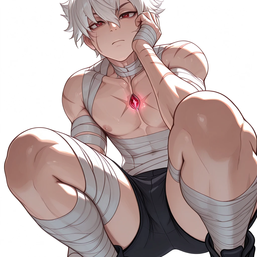 Muscular male wearing cute pink panties and thigh high socks, has flowing white hair, has wolf ears, has wolf tail, wearing lingerie, sweaty, is alone, solo