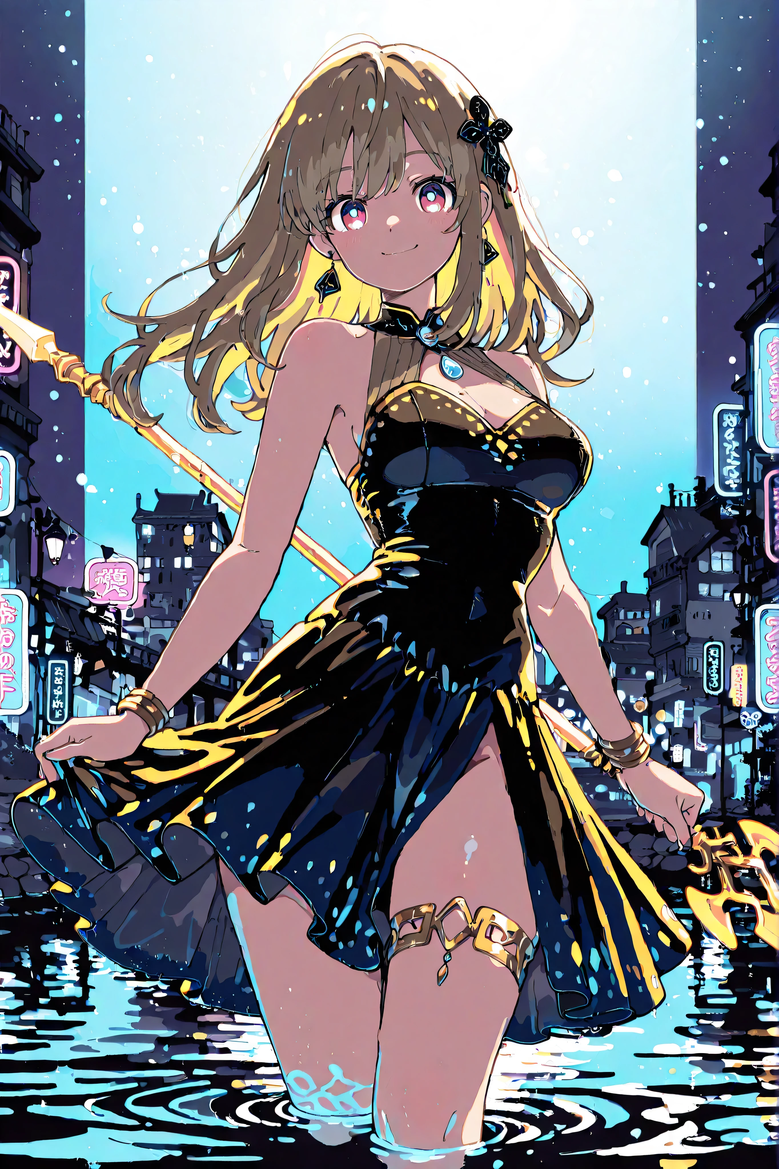 ** high quality anime style 、No paper quality、8K full-body composition。

 The background is a fantastical landscape inspired by the night view of Nakasu River.。
 The neon light is reflected off the river surface、 The lights of the bridge create a warm band that stretches across the water.。
 The lights of the buildings and signs are expressed only in abstract colors and shapes.、
 No text or specific store names are drawn。
 The silhouettes of the buildings stretch out into the distance、
 The night view along the river is filled with a deep glow The image is filled with depth and brilliance.。

 The figure is a glamorous, urbane, beautiful gal who symbolizes Fukuoka.。
She has large, bright eyes、long lashes、healthy glossy skin、
 She has a provocative, glamorous smile。
Hair is gold〜Light brown loose wrap long。

In the hand、 The figure is holding a light spear, an abstract version of the decoration of the Hakata Gion Yamakasa Festival.。
 The spear shaft is bathed in a pale blue light、 that extend sharply in a straight line、
 The decoration features a light pattern reminiscent of the Yamakasa design.。
 Pale light particles dance from the spear、 The reflection of the light on the river surface overlaps beautifully。

 The figure's costume is a sexy, gal-style fantasy dress with a black and gold base.。
her chest opens wide,、 Her waistline is emphasized、
 There is a bold slit on her thigh。
 The metal parts and light decorations reflect the neon lights of the night view, shining brilliantly.。

colors on the screen, use no more than 3 colors、柔らかいグラデーションで丁寧に塗られた high quality anime style 。
 The shadows on the skin and hair are smooth and natural、
 Only the light spear and accessories shine brightly、
 The overall coloring is unified with a calm, natural tone.。**
