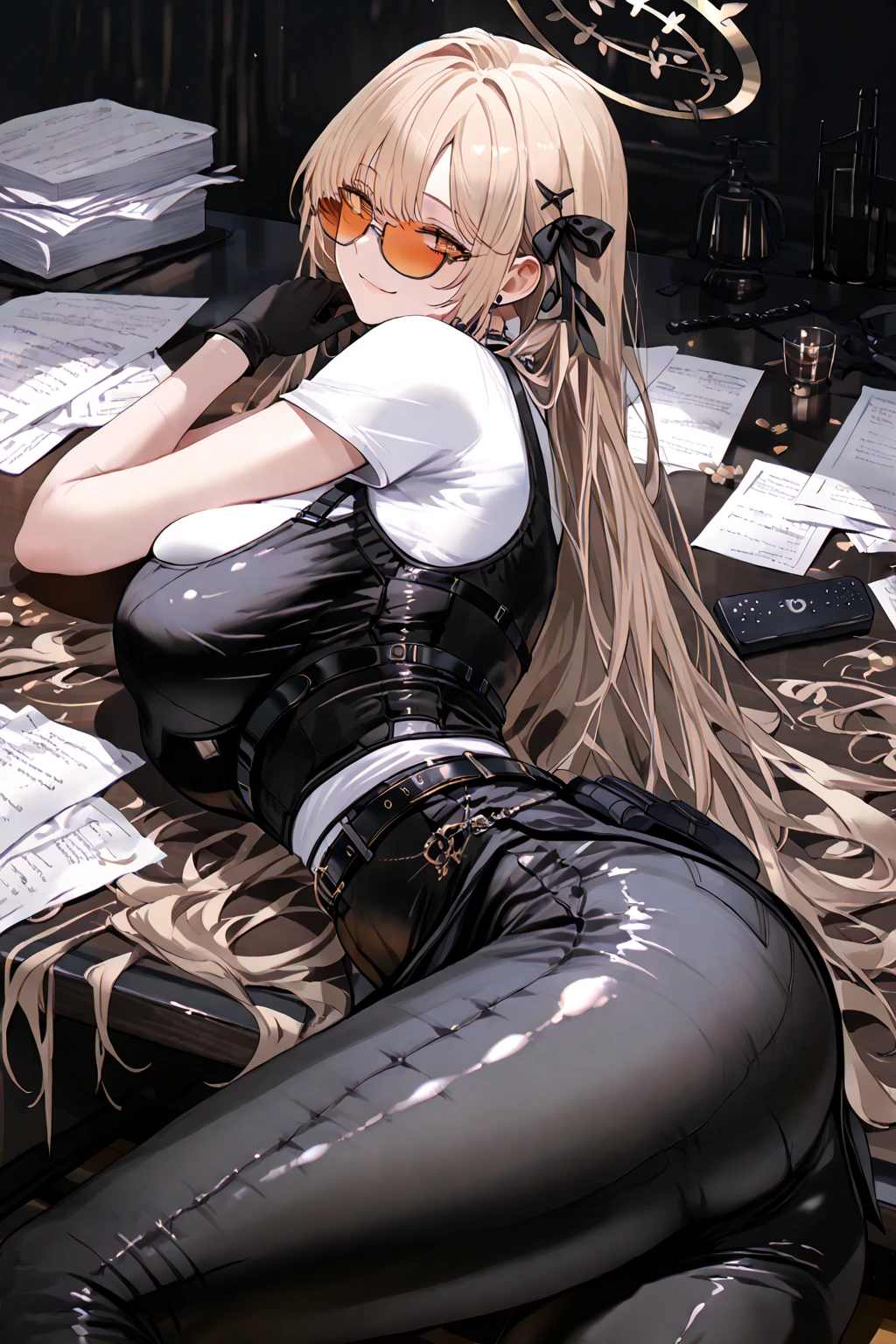 (absurdres, 8k, 4k, masterpiece, hyper extreme detailed:1.2), solo, 1girl, side view, perfect face, 1girl, portrait, looking at viewer, solo, standing, Female, Mature Female, evil eyes, female, small , yellow eyes, sharp eyes, wide smile, blonde hair, ponytail, perfect hands, fair skin, dot pupils, "constricted pupils, small pupils", perfect , correct , evil, long hair, flowing hair, messy hair, swept bangs, hair covering forehead, standing, grin, smirk, sharp, dangerous, bloody, menacing, malicious, chaotic, full body, expressive eyes, perfect eyes, 1girl, small bust, pale, confident, sarcastic, glasses, bound, , (arms behind back:1.4), , , tape, tape , close-up, restrained, best , full body, tape wrapped, wrap gag, messy hair, perfect , struggling, cleavage, shocked, wide eyes, struggling, aroused, , fearful, scared, breasts moving, shaking, struggling, , adult, mature, no clothing, cleavage, midriff,  shoulders, crotch,  collarbone, ,  ,  crotch