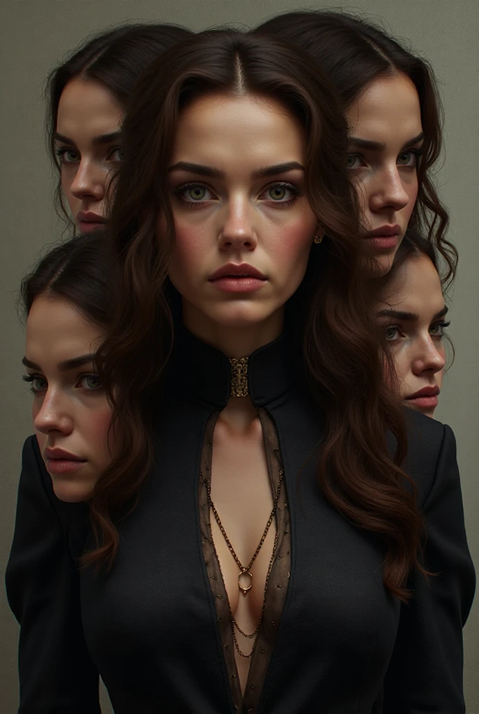 That the woman in the foreground looks at the camera and behind are the other 3 women that I told you the same looking at the camera , with a somewhat dark color palette like coffee with black 