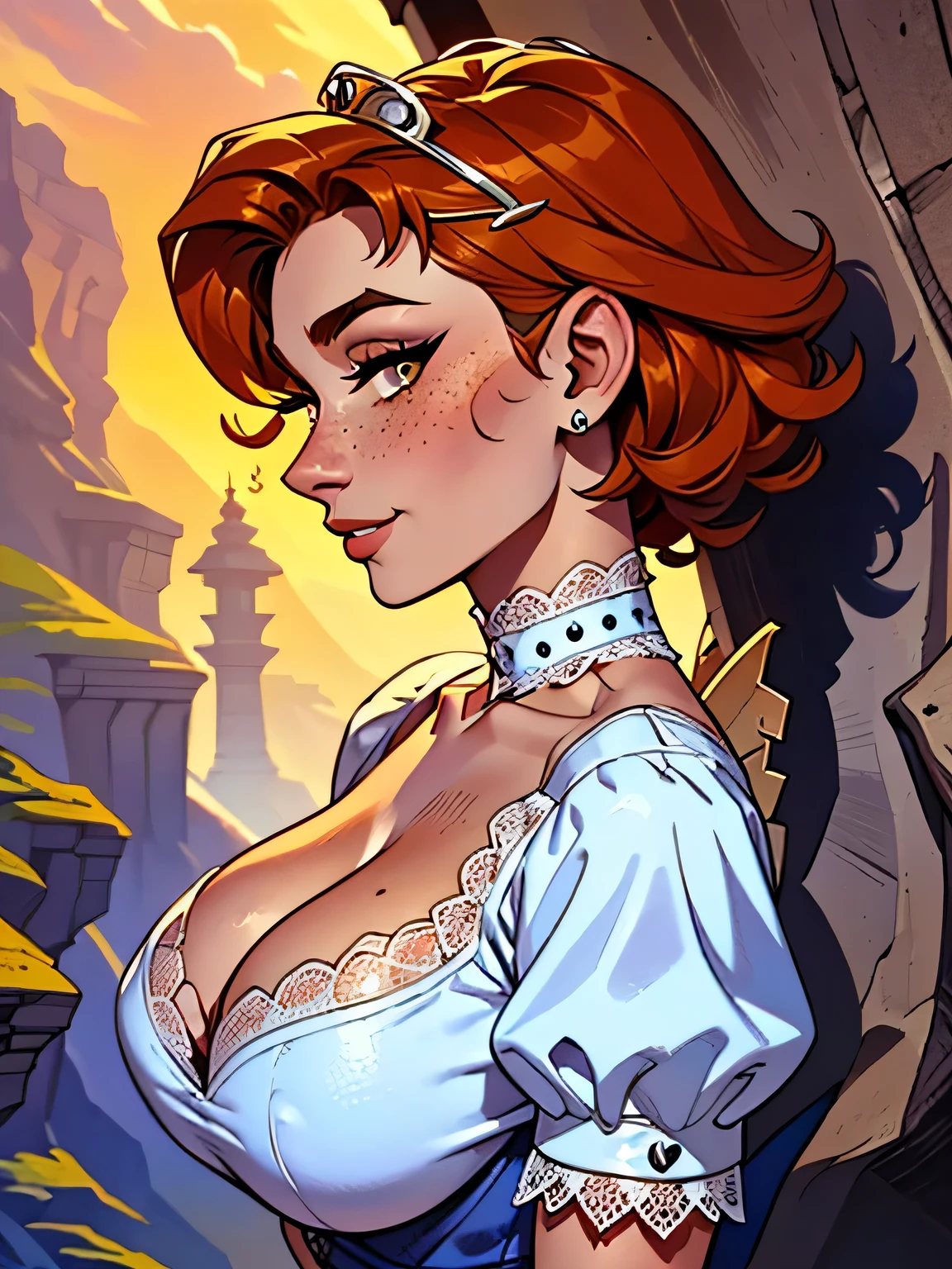 Melhor qualidade, obra de arte, (realista: 1.2). Close-up of a slender and athletic, 25 anos, 16K ((high definition)), sorriso lindo, olhar sedutor ((looking at the viewer)), olhos azuis, wearing a long high-waisted cobalt blue dress ((with V-neck lace , renda chantilly, heart brooch attached to dress, tiara, puffy short sleeves)), cintura fina, arms at the sides of the body, pele branca, ((short curly orange hair)), It's in a cave ((upper body, From head to waist , side view: 1.4)), with freckles on the neck and ((big round : 1.4)), ((Well defined collarbone)). Estilo cartoon ((alta qualidade)), caverna ao fundo.