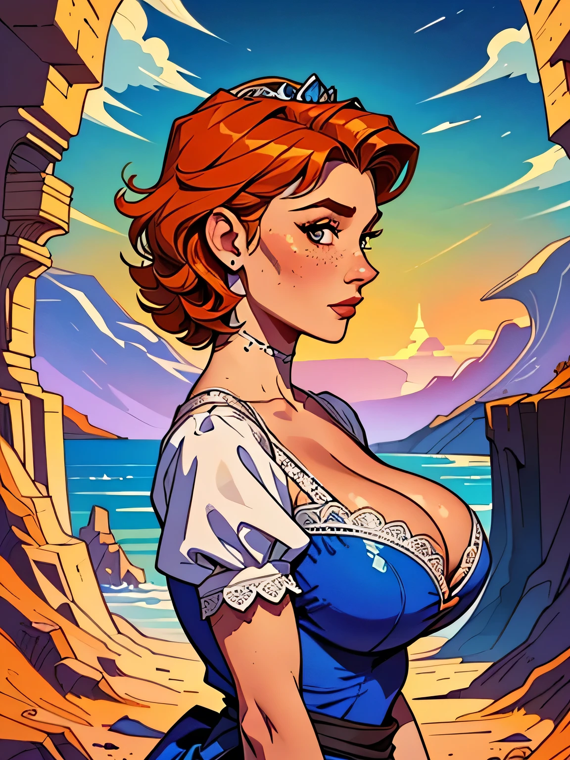 Melhor qualidade, obra de arte, (realista: 1.2). Close-up of a slender and athletic, 25 anos, 16K ((high definition)), semblante pensativo, olhar sedutor ((looking at the viewer)), olhos azuis, wearing a long high-waisted cobalt blue dress ((with V-neck lace , renda chantilly, heart brooch attached to dress, tiara, puffy short sleeves)), cintura fina, arms at the sides of the body, pele branca, ((short curly orange hair)), It's in a cave ((upper body, From head to waist , side view: 1.4)), with freckles on the neck and ((big round : 1.4)), ((Well defined collarbone)). Estilo cartoon ((alta qualidade)), caverna ao fundo.