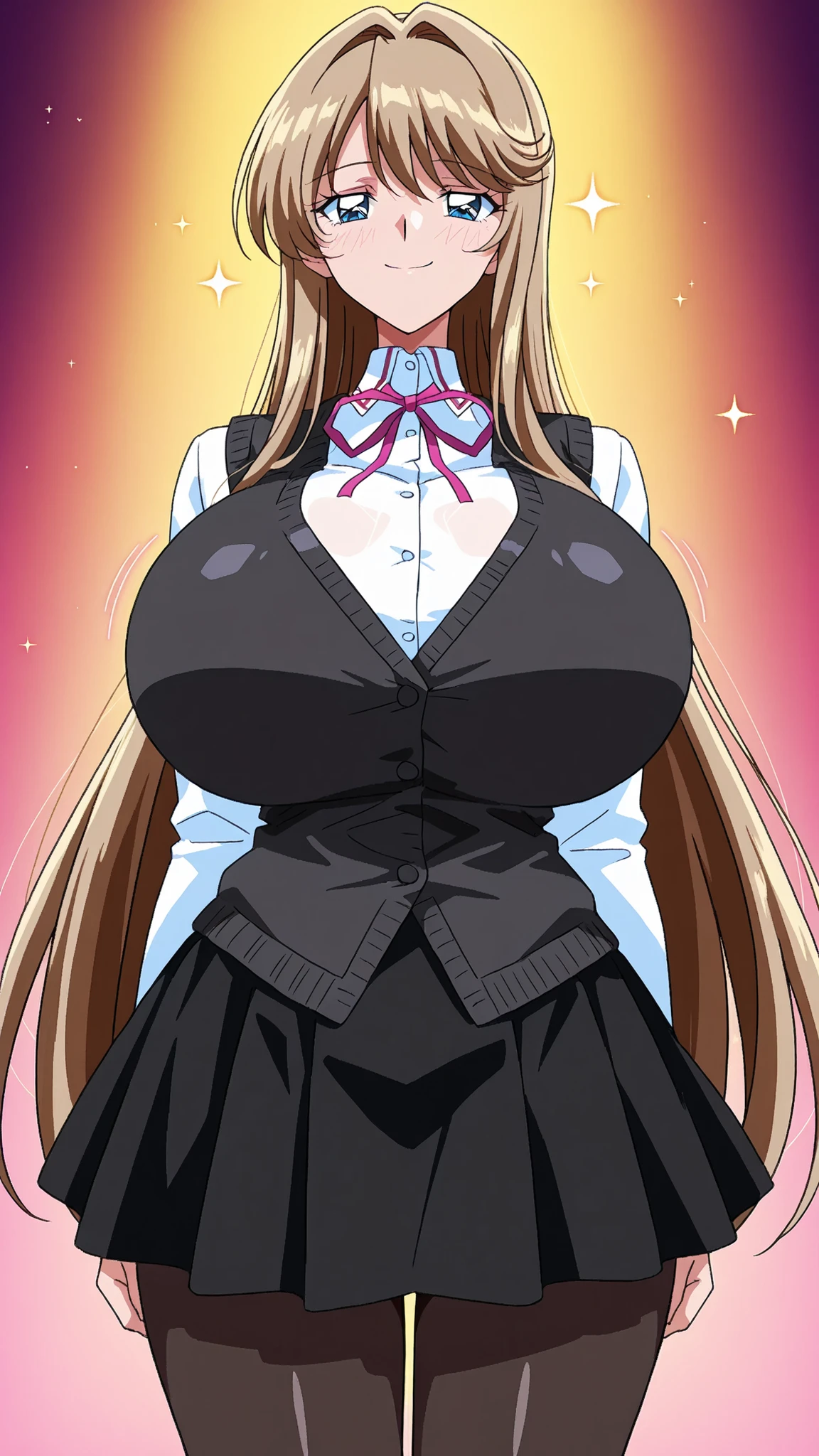 1girl, anime-style, 1990s DOS erotic game illustration (Viper V16/GTR style), 173cm tall, light brown hair with heavy, thick feathered bangs, layered curtain bangs with soft side fringes, dense and voluminous see-through bangs, individual hair strands pixelated yet distinct, long layered hair with slightly curled tips, blue eyes, symmetrical and expressive, full-figured curvy body, breast expansion, hyper gigantic breasts (exaggerated for retro game art), voluptuous proportions, slim waist, wide hips, thick thighs, wearing a white shirt, black knit vest, black skirt, black pantyhose, cowboy shot, smug smile, closed mouth, alluring yet composed expression, arms at sides, confident stance, subtle pixelated blush, retro DOS game lighting with strong contrast, VGA 256-color palette, bold cel-shading with sharp pixel shadows, pixelated rim lighting on hair and curves, bright dot highlights on glossy areas, minimal specular reflections, clean pixel texture, bold black lineart, looking at viewer, pastel gradient background with minimal pixel sparkle effects, cinematic composition, polished retro DOS game rendering