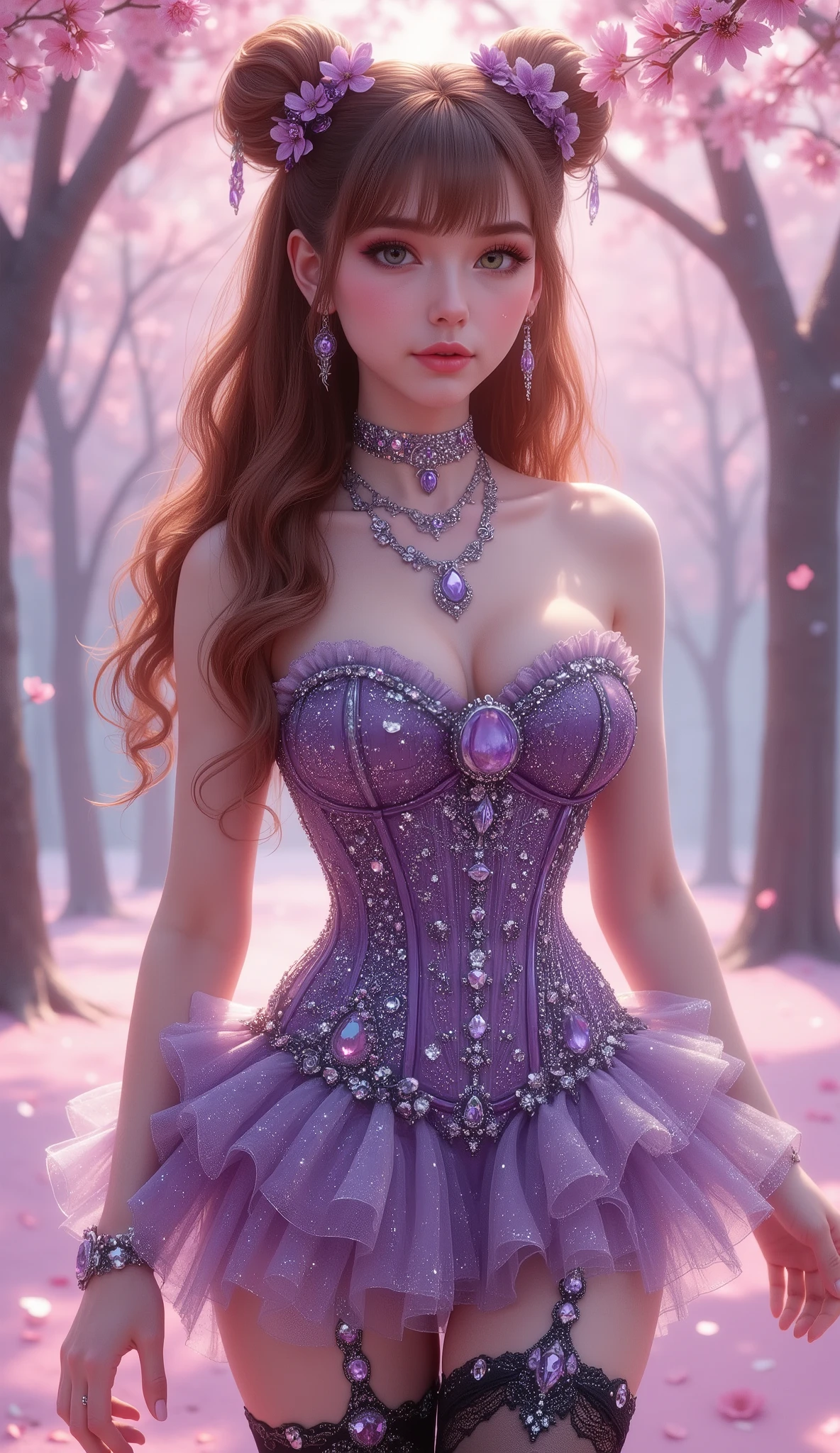 A young woman with fair skin and long, wavy auburn hair stands in a vibrant cherry blossom forest. Her hair is styled in two buns adorned with purple floral clips, and she wears an elaborate purple strapless corset with intricate silver embellishments, highlighting her ample bust. A matching ruffled, sparkling mini-skirt and black thigh-high stockings with ornate purple-jeweled garters complete her ensemble. She accessorizes with a delicate silver necklace featuring a large purple pendant, matching earrings, and a choker. Her face is framed by soft makeup, emphasizing her large, expressive green eyes and full pink lips. The background is a dreamy wash of pink and purple, with cherry blossoms blooming on trees and scattered on the light pink ground, creating a magical, ethereal atmosphere.