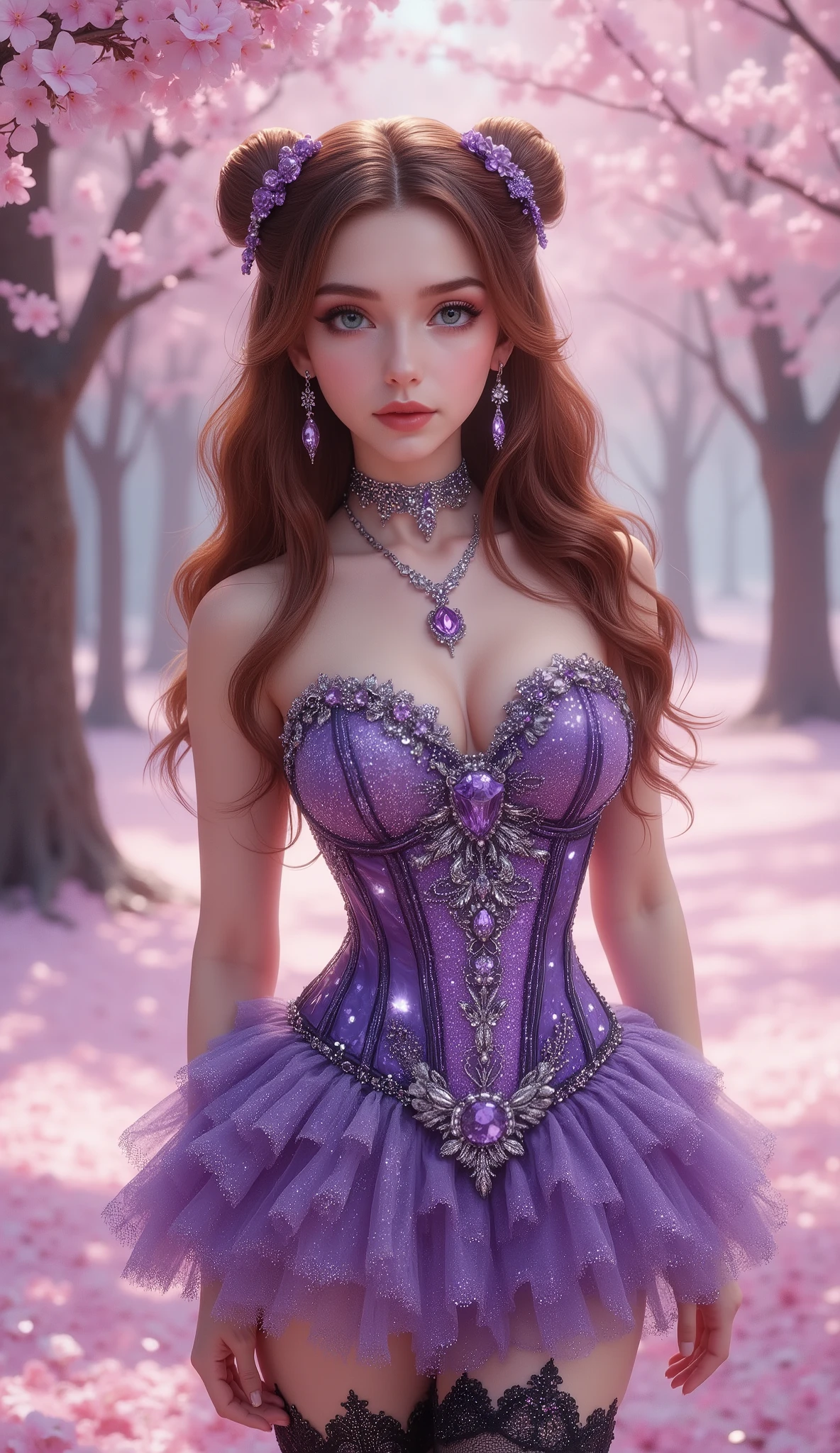 A young woman with fair skin and long, wavy auburn hair stands in a vibrant cherry blossom forest. Her hair is styled in two buns adorned with purple floral clips, and she wears an elaborate purple V-Cut strapless corset with intricate silver embellishments, highlighting her ample bust. A matching ruffled, sparkling mini-skirt and black thigh-high stockings with ornate purple-jeweled garters complete her ensemble. She accessorizes with a delicate silver necklace featuring a large purple pendant, matching earrings, and a choker. Her face is framed by soft makeup, emphasizing her large, expressive green eyes and full pink lips. The background is a dreamy wash of pink and purple, with cherry blossoms blooming on trees and scattered on the light pink ground, creating a magical, ethereal atmosphere.