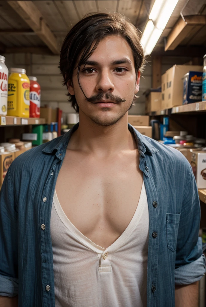 Handsome man , light mustache, hot muscular body , medium curly hair , selfie, quality like its taken by iPhone 12 , wearing a white shirt jacket