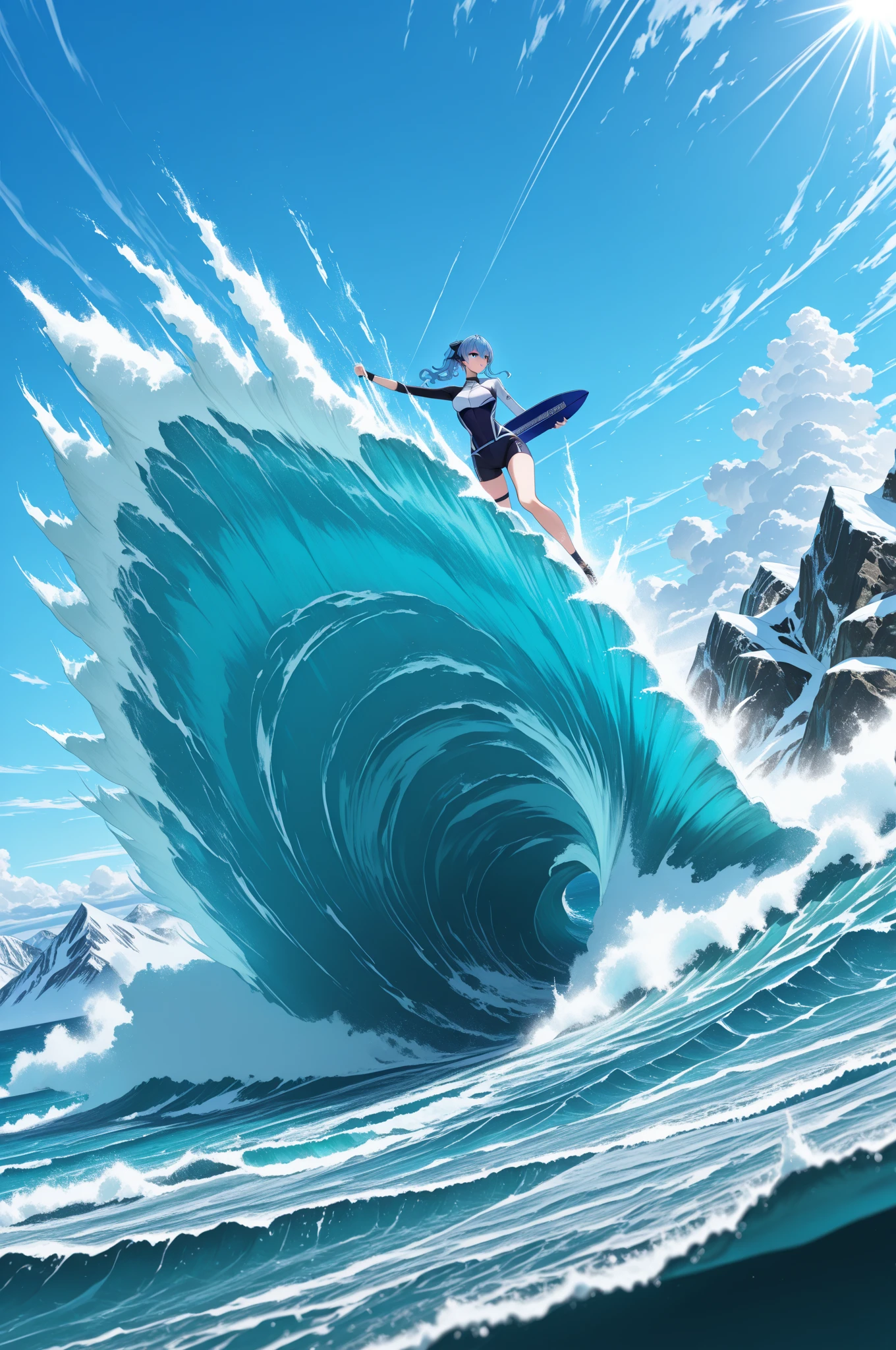 Anime girl surfing on a wave in the ocean with her arms outstretched ...