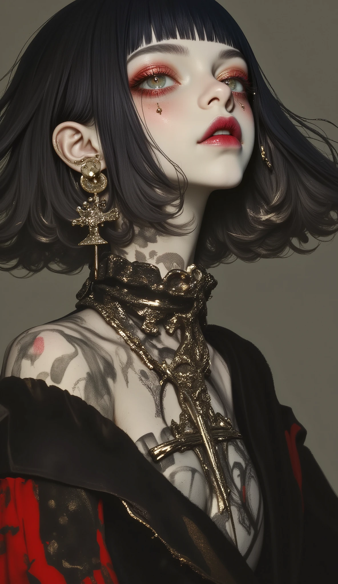  woman with straight black hair moving in the wind ,   She bangs herself to the eyebrows:1.4,   with tattoos on arms and legs posing for a photo , Portrait of Kim Petras, ava max,    punk-style spiked dog collar on the neck  ,   using spikes and piercings   ,     modeled photograph Kerli Koiv       ,    the sweater looks like a mix of Grimes' punk spiked dog collar    ,  Wearing a black necklace   , usando un intrincado collar negro, The answer   (     Yolandi Pescador     ),   photo from a promotional photo shoot  ,  hyperrealistic style, ( olive green background   )