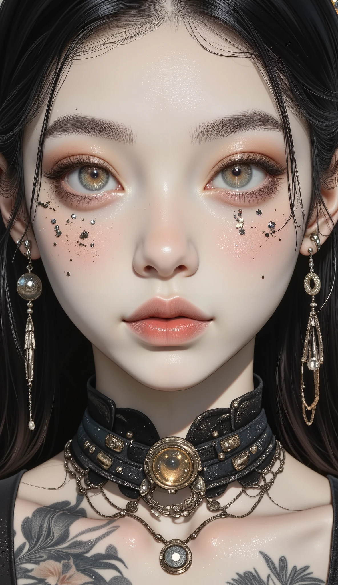 ((a close up of a woman. An elegant and delicate cartoon that slightly exaggerates the hyperrealistic features :1.52, Make it delicate and sensual :1.5, accentuating features such as a fleshy and thick mouth , slightly larger eyes made up with bright and colorful glitter , and very long eyelashes with glitter at the tips , rosy cheeks:1.51, Beautiful face of a cyberpunk girl, great Digital Art with details, slightly biting her lower lip, sensually, She wears glasses you can see the reflection in the glasses of the glasses :1.5)), arte digital. masterpiece , Detailed woman, full lips in the style of Angelina Jolie , Long false eyelashes , eye makeup, blushed lips and cheeks , wears earrings all over her ear like piercings and has a ring embedded in the ovum of her ear, a piercing on the lips and nose , Hyperrealistic art style , Brandon Woelfel, Of the tattooed face, tattoos and piercings, realistic digital art 4k , realistic digital art 4k , tattoo style, Art Cyberpunk style, Girl with glasses , claroscuro, cinematic lighting, Optical illusion, HD, UHD, retina, masterpiece, Precise, Anatomically correct, Textured skin, super detail, Tall details, High quality, Awarded , mejor calidad, high resolution, 1080P, HD, 1