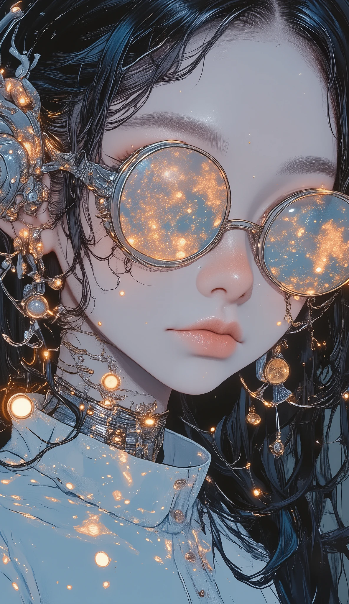 ((centered image, a close up of a beautiful woman's face half profile beautiful cheerful smile, with exaggerated features caricaturized in the kawaii style :1.52, thick, fleshy lips with kissable glitter , great with glitter and highlights ,  false eyelashes and long eyes  :1.5 , Beautiful face of a cyberpunk girl , great digital art with details, She wears glasses you can see the reflection in the glasses of the glasses :1.5)), arte digital. body masterpiece , Detailed woman, full lips in the style of Angelina Jolie , Long false eyelashes , eye makeup, blushed lips and cheeks , wears earrings all over her ear like piercings and has a hoop embedded in the ovum of her ear, a piercing on the lips and nose , , Brandon Woelfel, Of the tattooed face, tattoos and piercings, realistic digital art 4k, 4k realistic digital art, tattoo style, Art Cyberpunk style, Girl with glasses , claroscuro, Cinema lighting , Optical illusion , HD , U HD ,  retina, body body masterpiece, Precise, Anatomically correct , Textured skin, super detail , Tall details, High quality, awarded , falda de High quality, high resolution, 1080P, HD , 16K