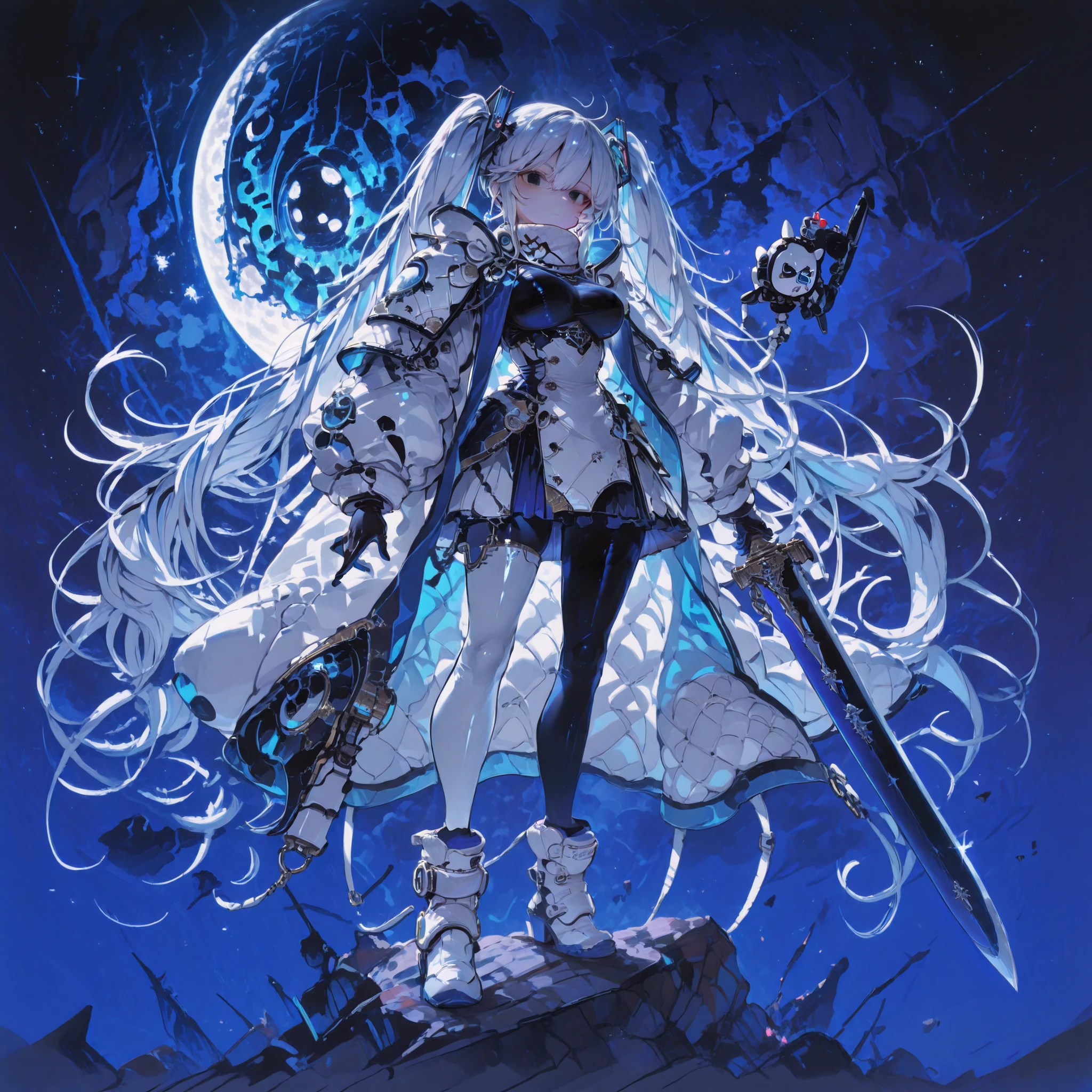 best quality,High Quality,Super-resolution,solo,Yozakura-san's Big Strategy,Ship Korekushon,hololive,Vtuber,tall（195 cm or more）,boob size is larger than a g cup,Big Breasts,blue and white hair,long hair（Hatsune Miku Hair）,hair grow over 2 meters,Blue and black eyes,Odd eyes,Fully armed ,Heavy Armor, Mechanical Armor,Main colors are blue and white,white mask of the machine,White rubber suit inside,white neck warmer,White and blue boots,white tights,black gloves,machine blue and white mask,white and blue coat,Demon Sword,a sword on the back,The color of the sword is white, blue, and purple,background is black night sky,Moon,On the rock,standing,standing picture in meadow,I hate you,is staring at me,