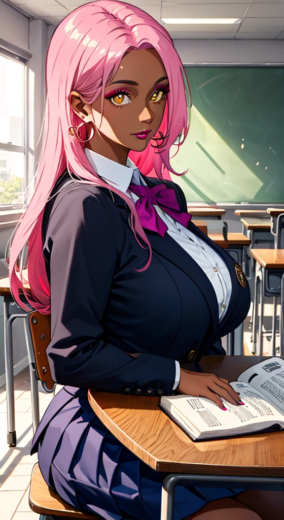 (masterpiece, highres, best quality:1.3), 8K, highly detailed, intricate, colorful, vibrant image, sharp focus, digital blending, 4K, trending on pixiv Ingrid, ((mid high school uniform)), solo, mature female, 40yo, milf, curvy, (dark skinned female:1.15), dark skin, posing, classroom, book, book on table, sitting on chair, leaning to table, (caring look:1.2), looking at viewer, cowboy shot, pink hair, very long hair, forehead, hair intakes, purple lipstick, makeup, mole under mouth, yellow eyes, perfect eyes, perfect face, ultra detailed hair, ultra detailed face, earrings, ultra detailed lips, , ultra detailed lipstick,