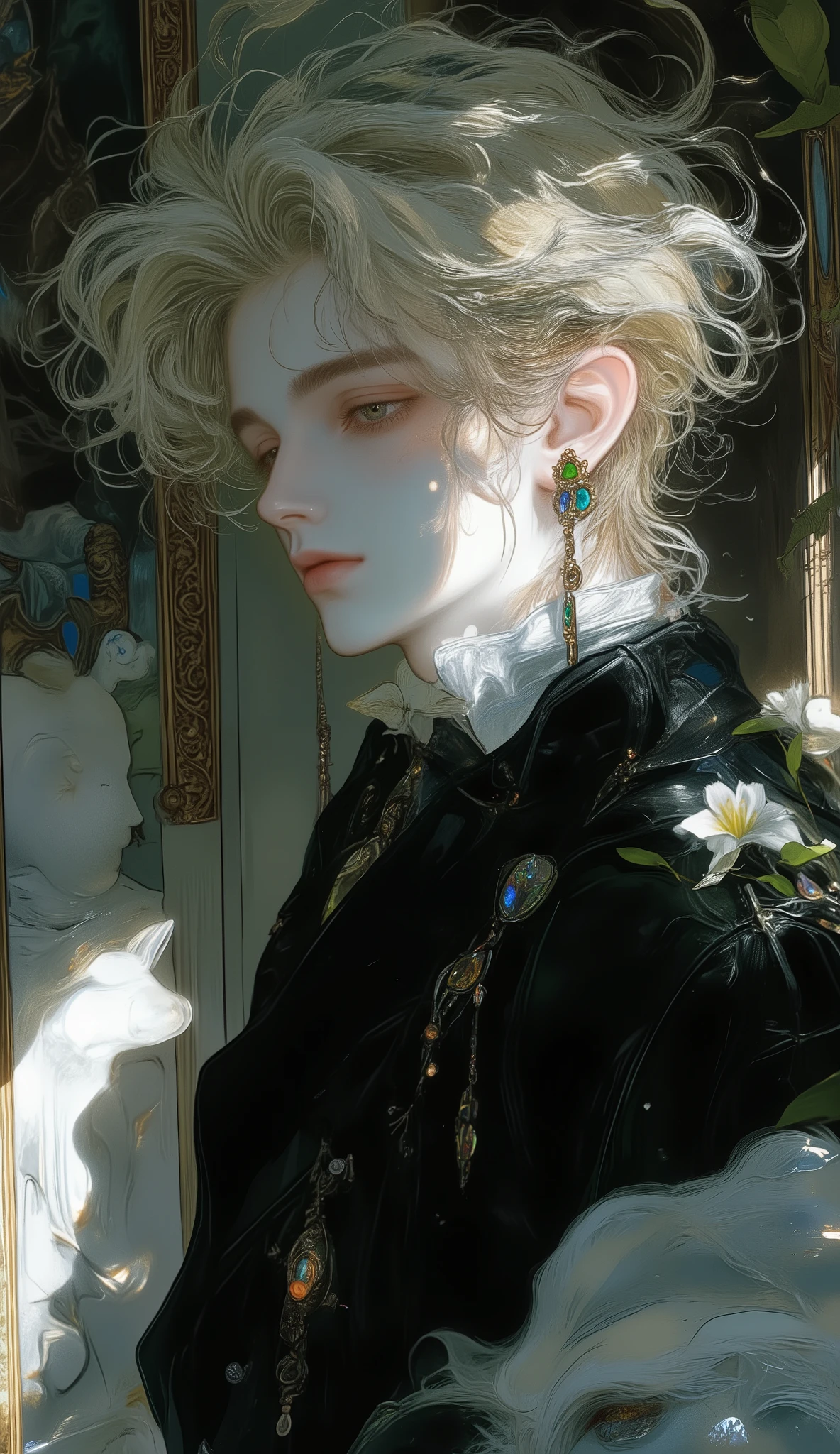 a close up of a blond European man , Handsome and elegant , In a black shirt looking at the camera on the left side of a dark room , darkened and blackened left side , On the right side, sunlight enters your face and vertical shadows from the window hit your face, pose in elegant and sensual clothes , in the shadow , digital art by Adam Szentpétery , tumblr, arte digital, Handsome man , attractive man, male model, attractive man, attractive and beautiful face , handsome and attractive, pretty face, perfect pretty face, medium shot of a muscular , sexy look , cristiano cline, sexy man, claroscuro, depth of field, cinematic lighting, Fujicolor, UHD, retina, masterpiece, Precise, Anatomically correct, Textured skin, super detail, Tall details, High quality, Awarded , mejor calidad, high resolution, 1080P, HD, 16K