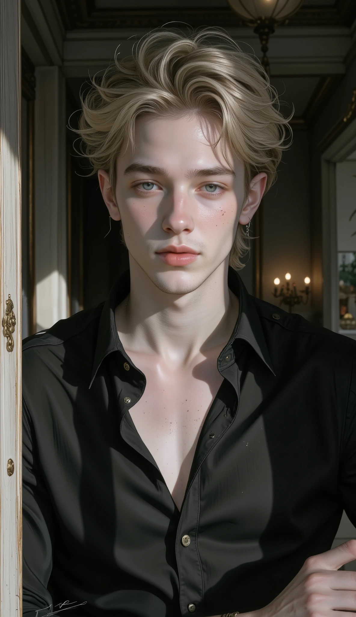 a close up of a blond European man , Handsome and elegant , In a black shirt looking at the camera on the left side of a dark room , darkened and blackened left side , On the right side, sunlight enters your face and vertical shadows from the window hit your face, pose in elegant and sensual clothes , in the shadow , digital art by Adam Szentpétery , tumblr, arte digital, Handsome man , attractive man, male model, attractive man, attractive and beautiful face , handsome and attractive, pretty face, perfect pretty face, medium shot of a muscular , sexy look , cristiano cline, sexy man, claroscuro, depth of field, cinematic lighting, Fujicolor, UHD, retina, masterpiece, Precise, Anatomically correct, Textured skin, super detail, Tall details, High quality, Awarded , mejor calidad, high resolution, 1080P, HD, 16K