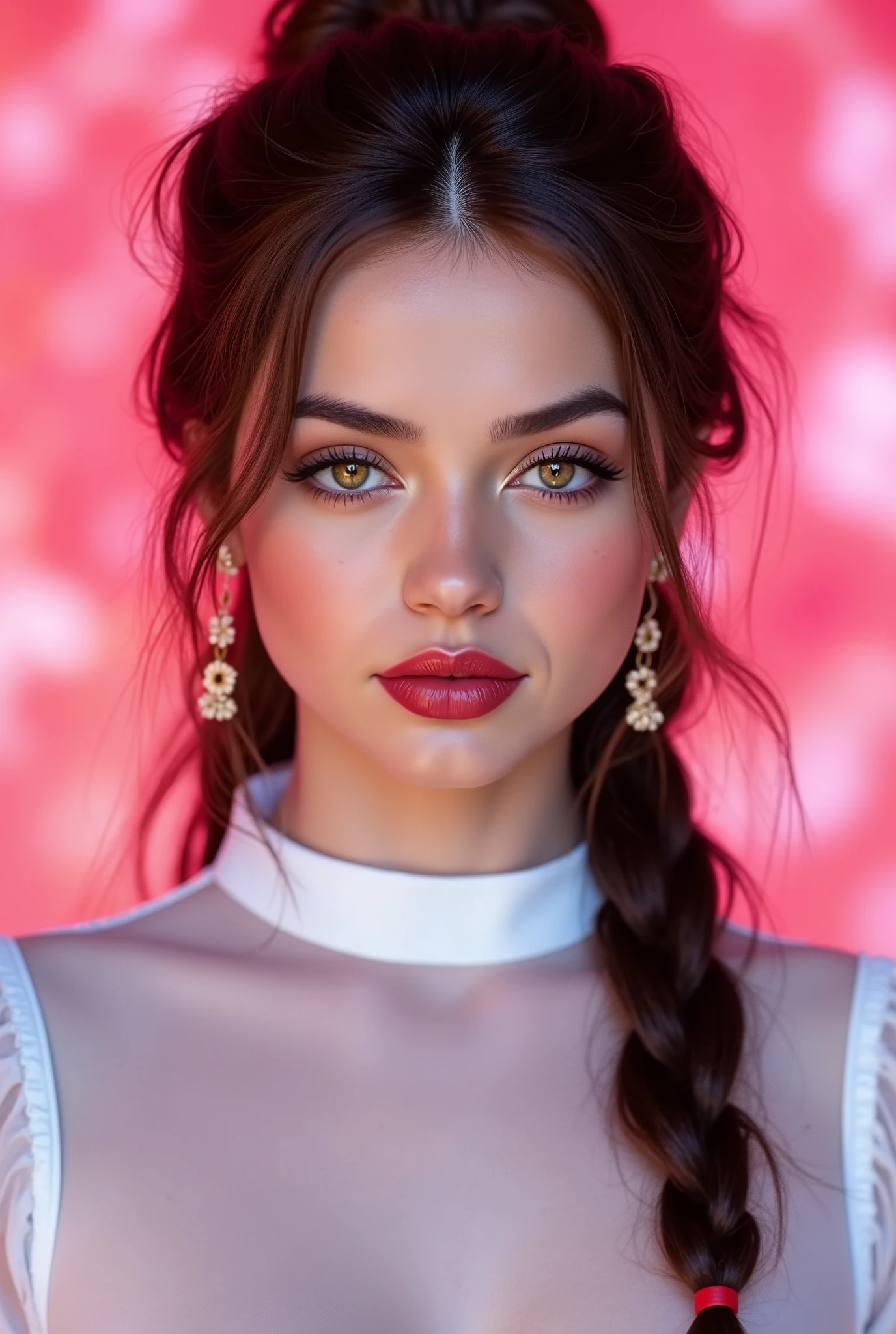 Young Girl,Teen Girl,ana: realistic studio photo of a model like Ana de Armas starlet. full body
GR:"🌟:ultra high resolution, fotorealistisch, in the style of a hyperdetailed beauty portraits with Zeiss Otus 85mm light, anatomically perfect skin and eye texture, Subtle white frame around the entire image, low frame with rose ornaments"
"🌌:psychedelic Voronoi background in bright neon pastel , Pink und Lime, weich verschwommen, so that the face remains absolutely sharp, soft beauty dish light from front, fine catch lights in the eyes"
"😈:Model Ana de Armas, 20 Jahre, slim build, firm breasts, dark hair in precise braided braid with visible split ends realism and neon light refractions, flawless velvety skin with fine pores and velvety sheen, ultra-sharp brown eyes with golden speckles in the iris stroma, moist cornea reflex with visible watery layer, more precise slightly darker limbal ring, irregular pupillary edge texture, subtle red veins in the sclera, long blue synthetic eyelashes individually drawn with crossed roots and lump-free separation, perfect dark smokey eye, shiny red lipstick, Does a tight white blouse wear high collar"
"🔥:she looks directly at the camera with a cool, slightly provocative expression, Head slightly tilted, body from head to under chest in absolutely sharp focus stacking quality, The mood is intensely sensual, clinically perfect and permeated with magical precision"