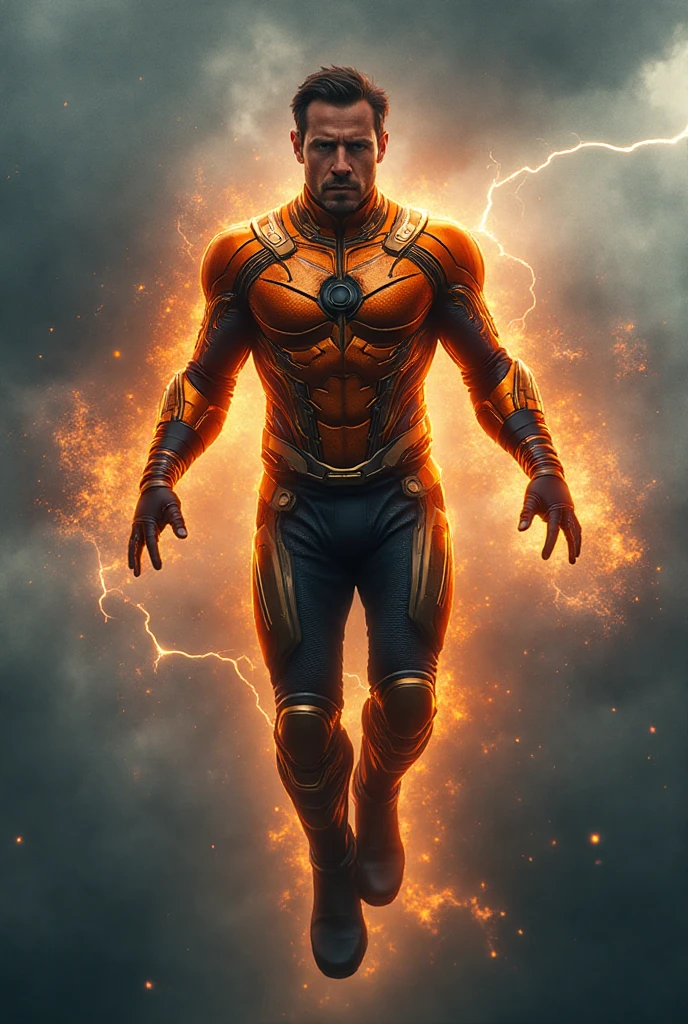 Quarter body photorealistic handsome hunky fractal masculine red haired vesto  wearing a orange with gold   crystal chrome glass trimmings super suit , look at camera, detailed face parts,, fire as background, Freestyle Pose, Happy Expression, perfect , symmetric body,, 18 years old,  :: high detail, a lean athletic body, realistic, human skin, extremely detailed fingers,  chad chin,, masculine, human skin, , gorgeous, Attractive. super bulges in action . camera focus face front 