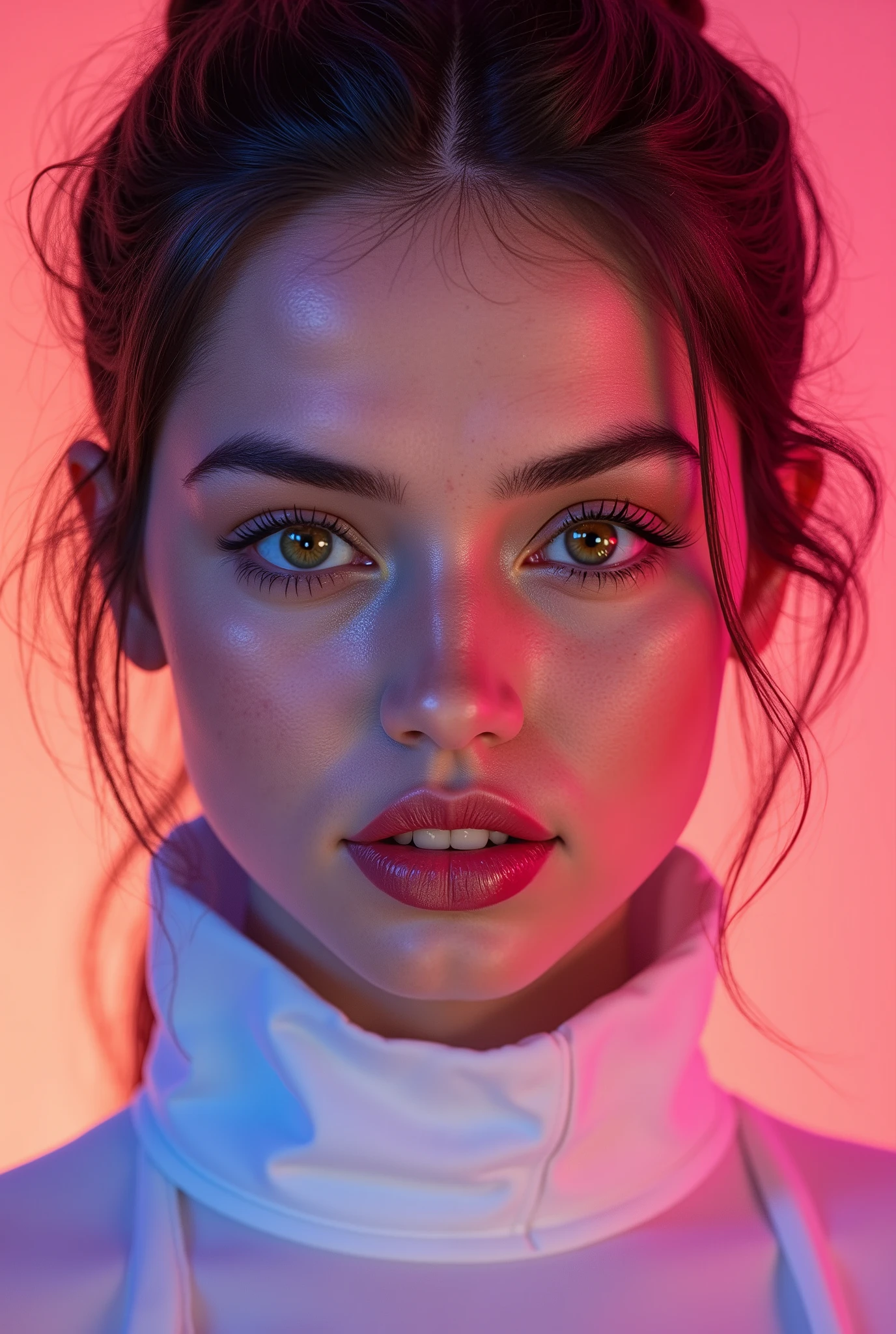 Young Girl,Teen Girl,ana: realistic studio photo of a model like Ana de Armas starlet. full body
GR:"🌟:ultra high resolution, fotorealistisch, in the style of a hyperdetailed beauty portraits with Zeiss Otus 85mm light, anatomically perfect skin and eye texture, Subtle white frame around the entire image, low frame with rose ornaments"
"🌌:psychedelic Voronoi background in bright neon pastel , Pink und Lime, weich verschwommen, so that the face remains absolutely sharp, soft beauty dish light from front, fine catch lights in the eyes"
"😈:Model Ana de Armas, 20 Jahre, slim build, firm breasts, dark hair in precise braided braid with visible split ends realism and neon light refractions, flawless velvety skin with fine pores and velvety sheen, ultra-sharp brown eyes with golden speckles in the iris stroma, moist cornea reflex with visible watery layer, more precise slightly darker limbal ring, irregular pupillary edge texture, subtle red veins in the sclera, long blue synthetic eyelashes individually drawn with crossed roots and lump-free separation, perfect dark smokey eye, shiny red lipstick, Does a tight white blouse wear high collar"
"🔥:she looks directly at the camera with a cool, slightly provocative expression, Head slightly tilted, body from head to under chest in absolutely sharp focus stacking quality, The mood is intensely sensual, clinically perfect and permeated with magical precision"