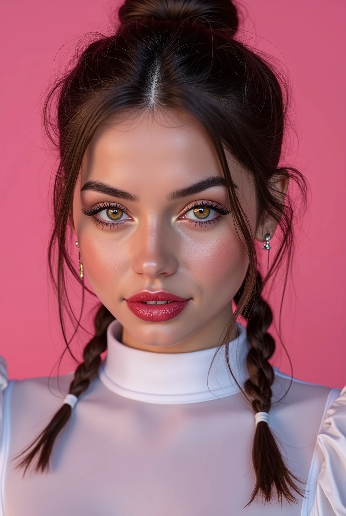 Young Girl,Teen Girl,ana: realistic studio photo of a model like Ana de Armas starlet. full body
GR:"🌟:ultra high resolution, fotorealistisch, in the style of a hyperdetailed beauty portraits with Zeiss Otus 85mm light, anatomically perfect skin and eye texture, subtle white frame around the entire image, low frame with rose ornaments"
"🌌:psychedelic Voronoi background in bright neon pastel , Pink und Lime, weich verschwommen, so that the face remains absolutely sharp, soft beauty dish light from front, fine catch lights in the eyes"
"😈:Model Ana de Armas, 20 Jahre, slim build, firm breasts, dark hair in precise braided braid with visible split ends realism and neon light refractions, flawless velvety skin with fine pores and velvety sheen, ultra-sharp brown eyes with golden speckles in the iris stroma, moist cornea reflex with visible watery layer, more precise slightly darker limbal ring, irregular pupillary edge texture, subtle red veins in the sclera, long blue synthetic eyelashes individually drawn with crossed roots and lump-free separation, perfect dark smokey eye, shiny red lipstick, Does a tight white blouse wear high collar"
"🔥:she looks directly at the camera with a cool, slightly provocative expression, Head slightly tilted, body from head to under chest in absolutely sharp focus stacking quality, The mood is intensely sensual, clinically perfect and permeated with magical precision"