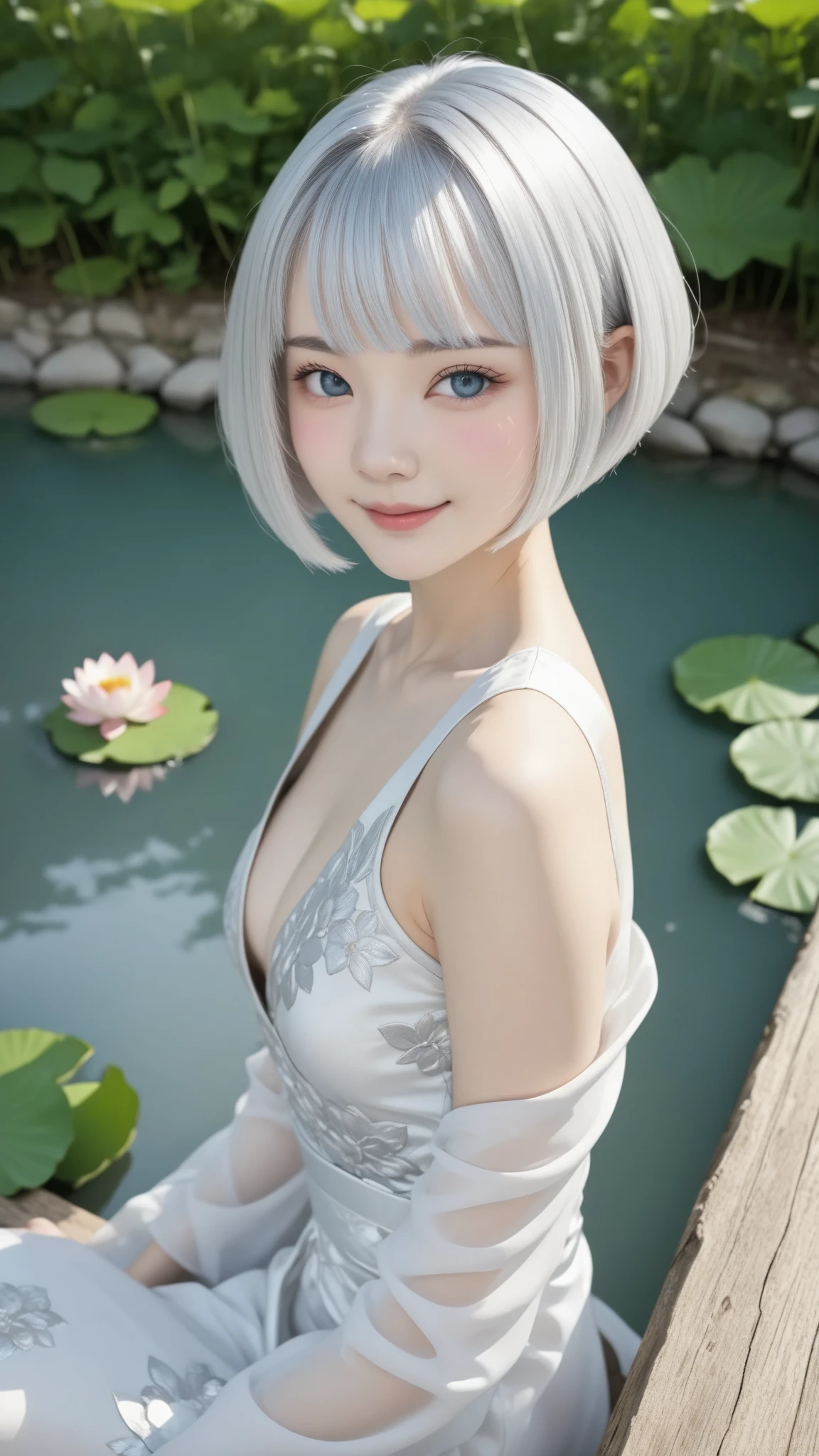 Rei Ayanami, (Face the camera directly), (Immerse in water to ankle depth,), Realistic beautiful girl full body portrait, 13 years old, Fantastic face, In a sitting position, playing in the water, 8k resolution concept art portrait, Midsummer sky and Japan countryside, 3D Shading, Cinematic, elegant organic framing, Reallife Human,