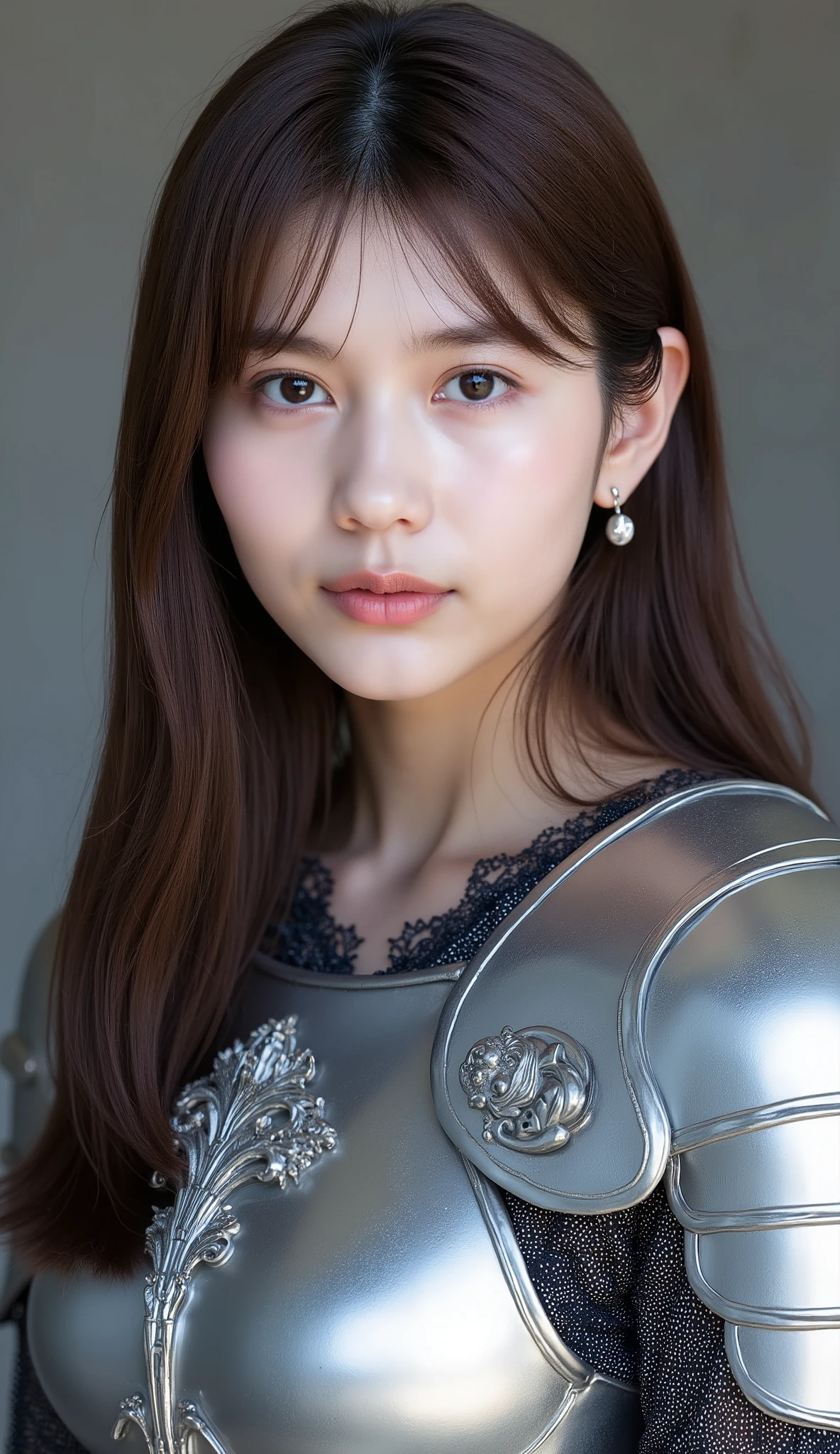 neat young woman wearing luxurious silver armor、、female knight、、、、ear piercings、looking at camera、looking directly in front、、口を閉じている、への字口、、、face close-up、grey background、